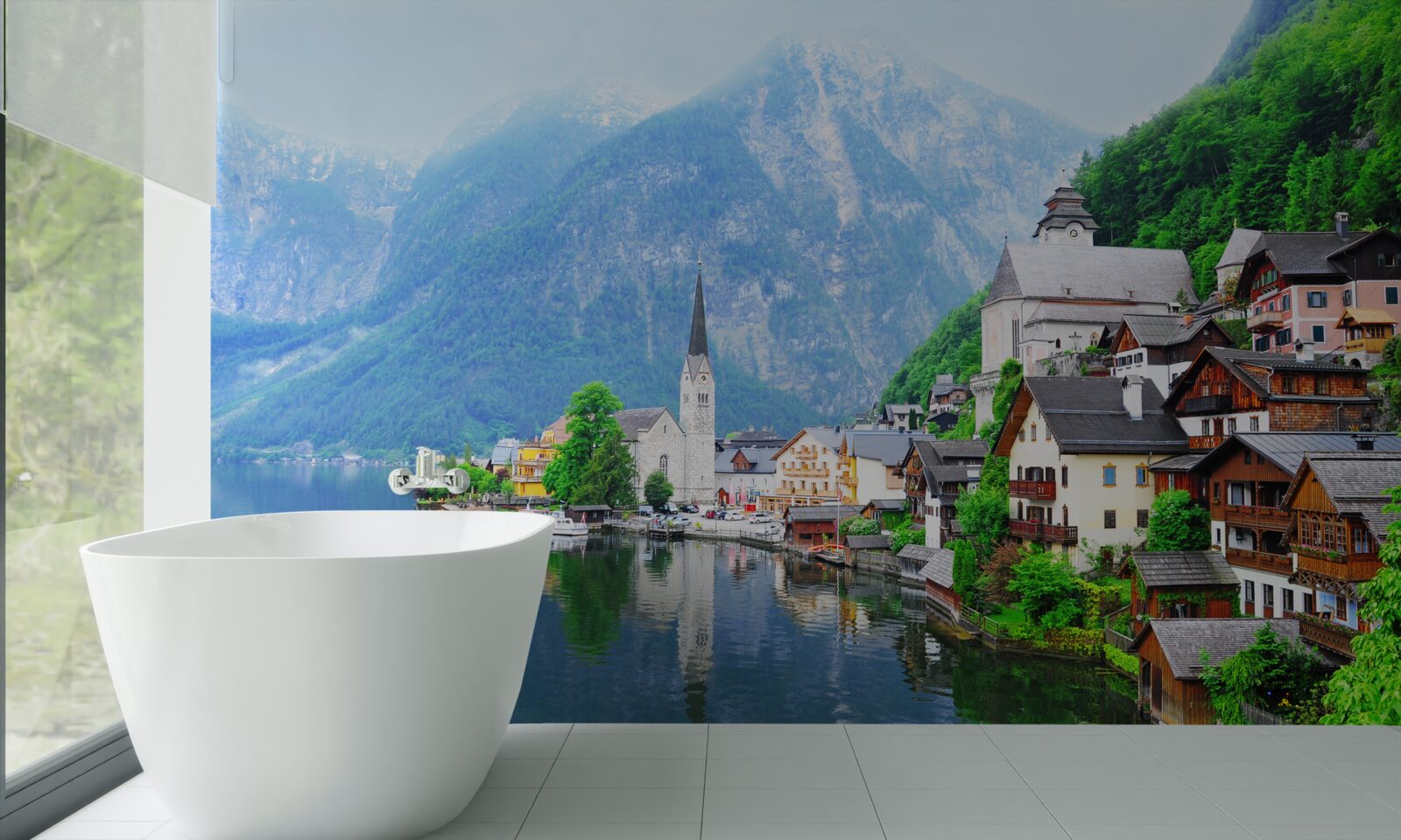 Fototapet sat elvețian liniștit la poalele muntelui, lângă iaz