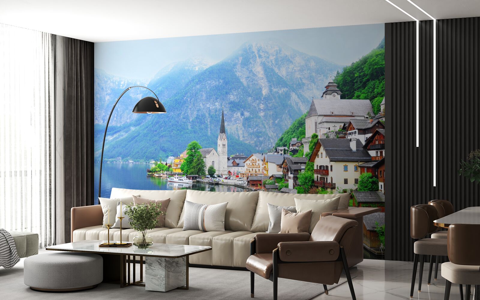 Fototapet sat elvețian liniștit la poalele muntelui, lângă iaz