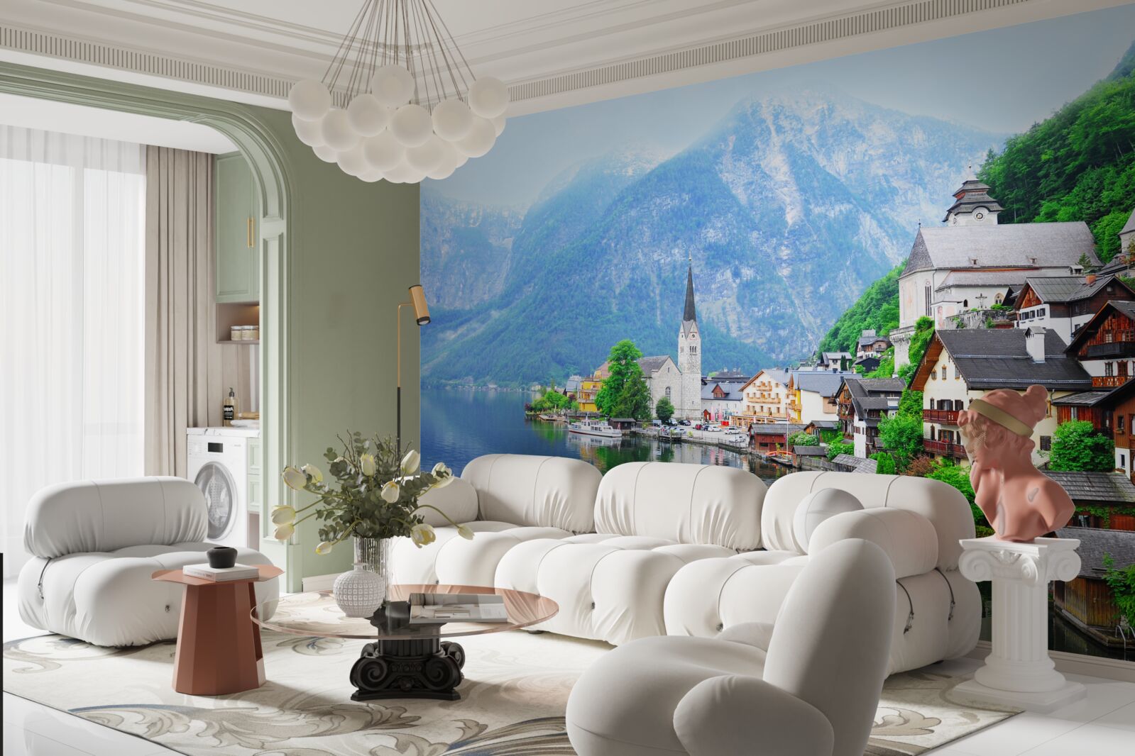 Fototapet sat elvețian liniștit la poalele muntelui, lângă iaz