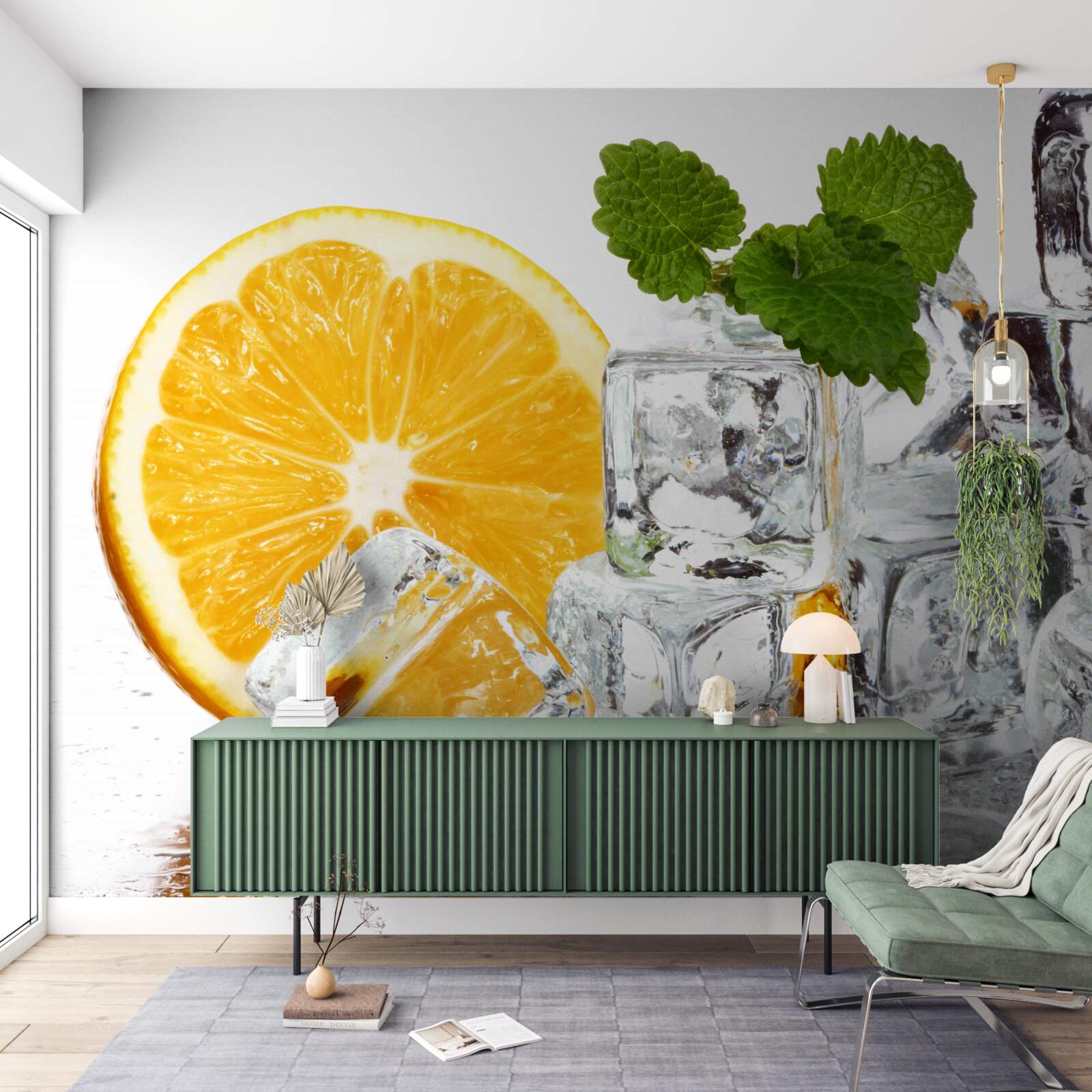 Fototapet gheață în formă de dreptunghiuri și o portocală coaptă