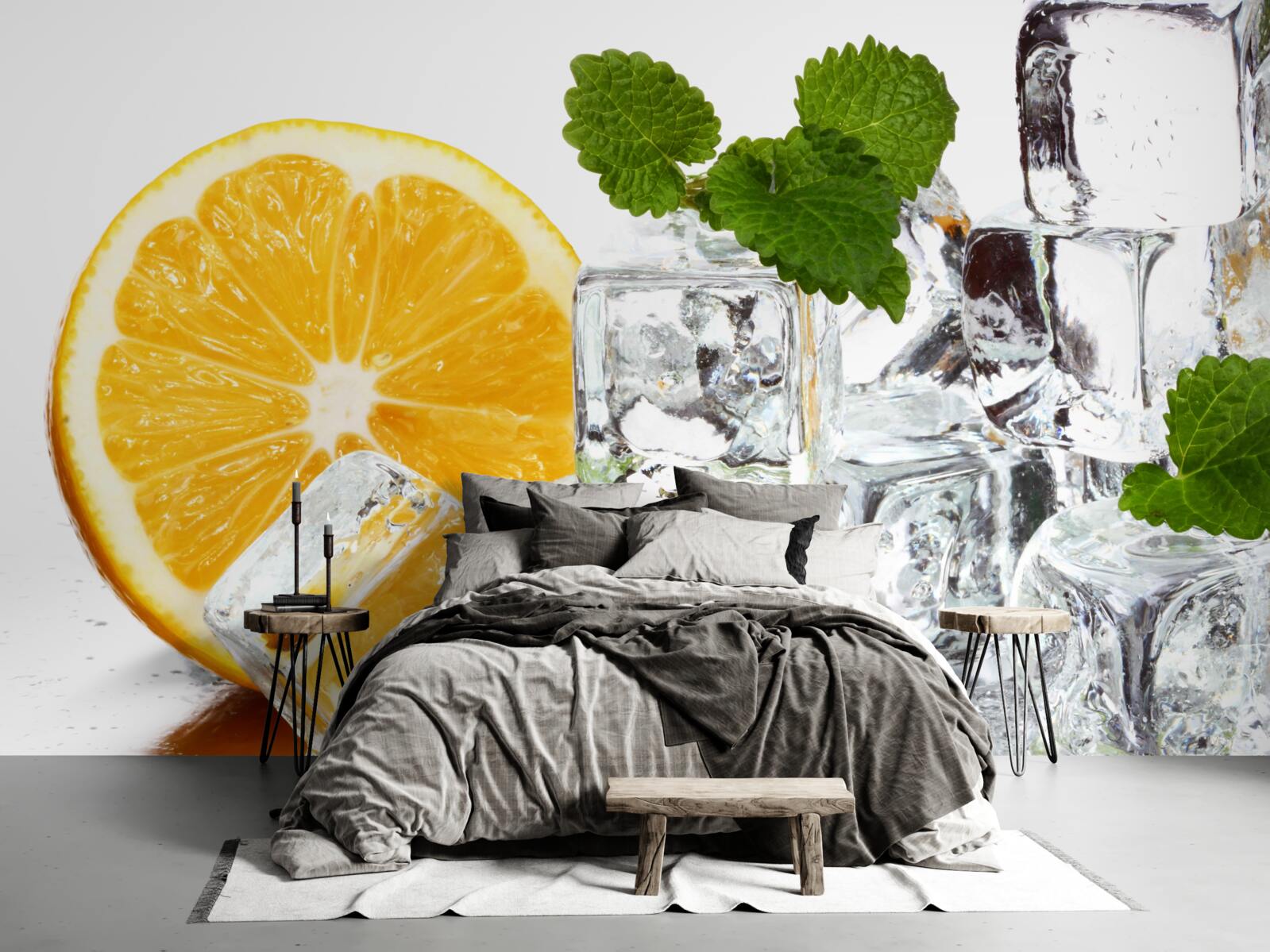 Fototapet gheață în formă de dreptunghiuri și o portocală coaptă