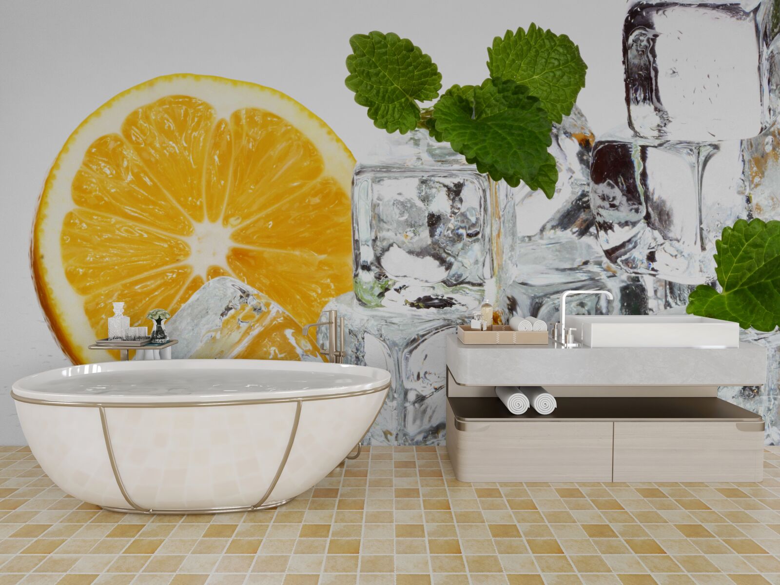 Fototapet gheață în formă de dreptunghiuri și o portocală coaptă