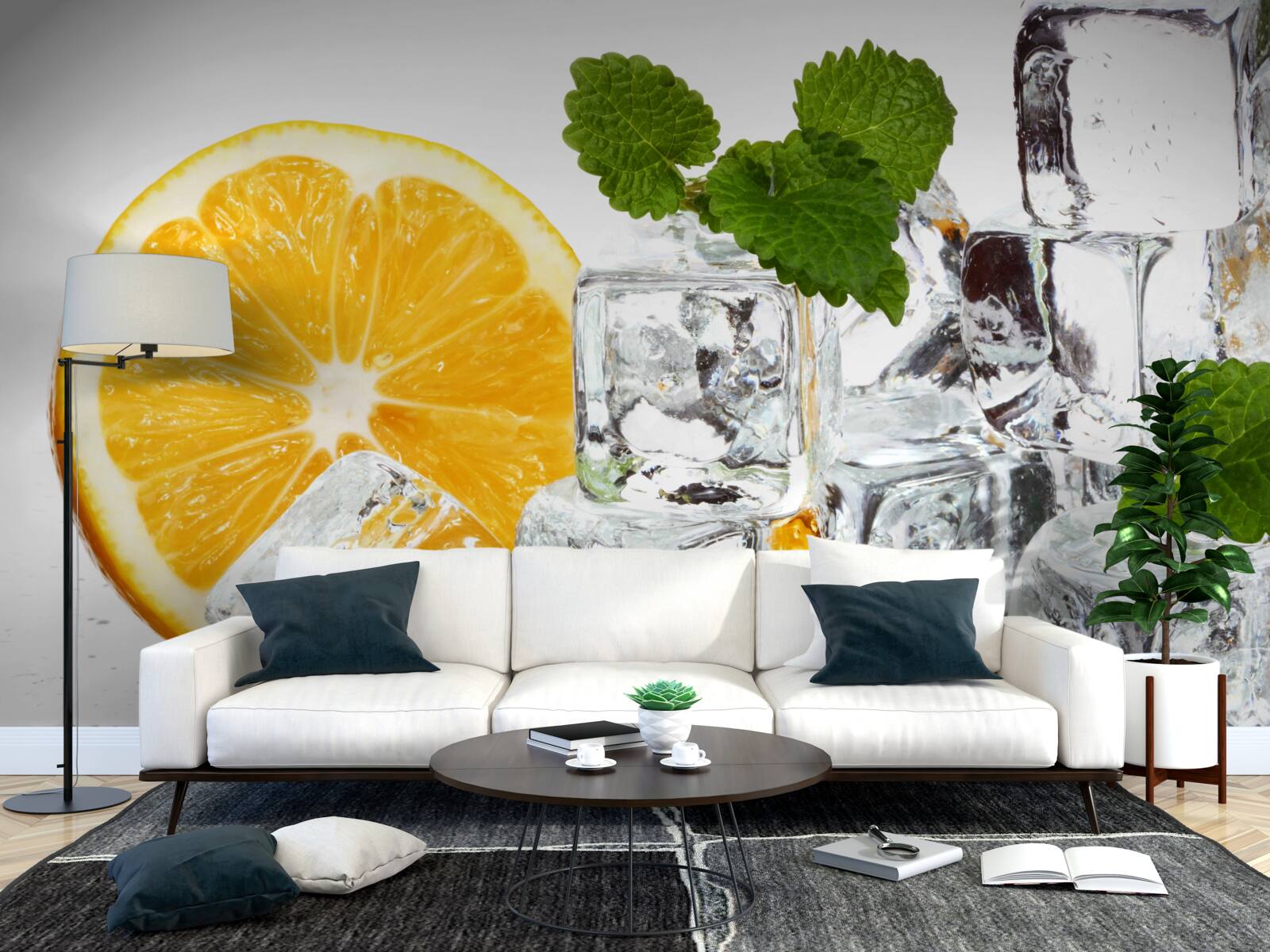 Fototapet gheață în formă de dreptunghiuri și o portocală coaptă