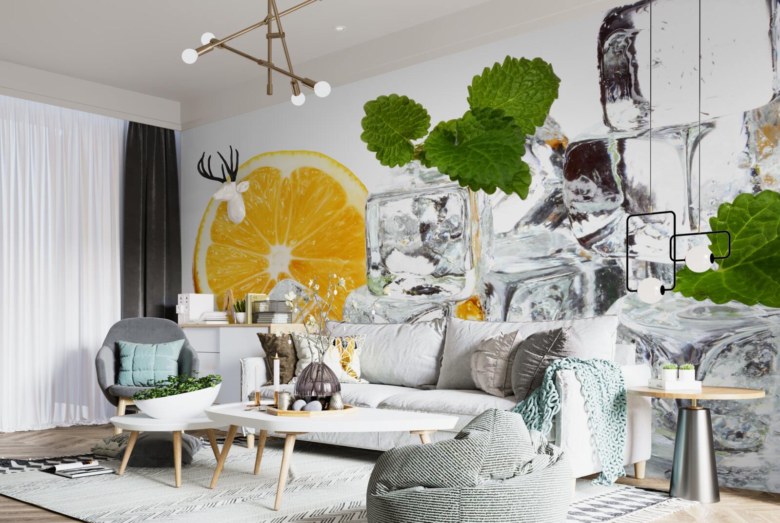 Fototapet gheață în formă de dreptunghiuri și o portocală coaptă