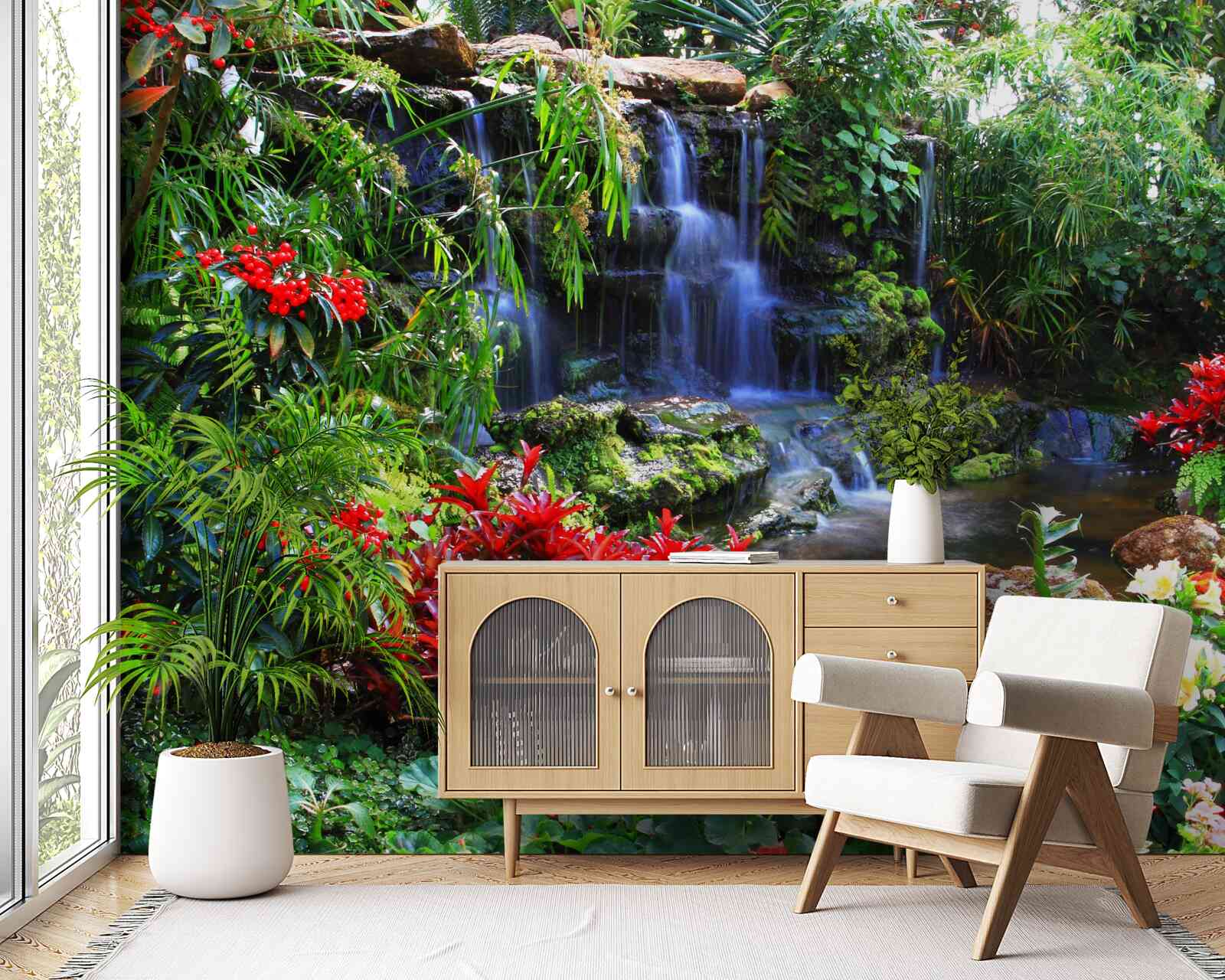 Fototapet un loc magic lângă o cascadă, înconjurat de flori