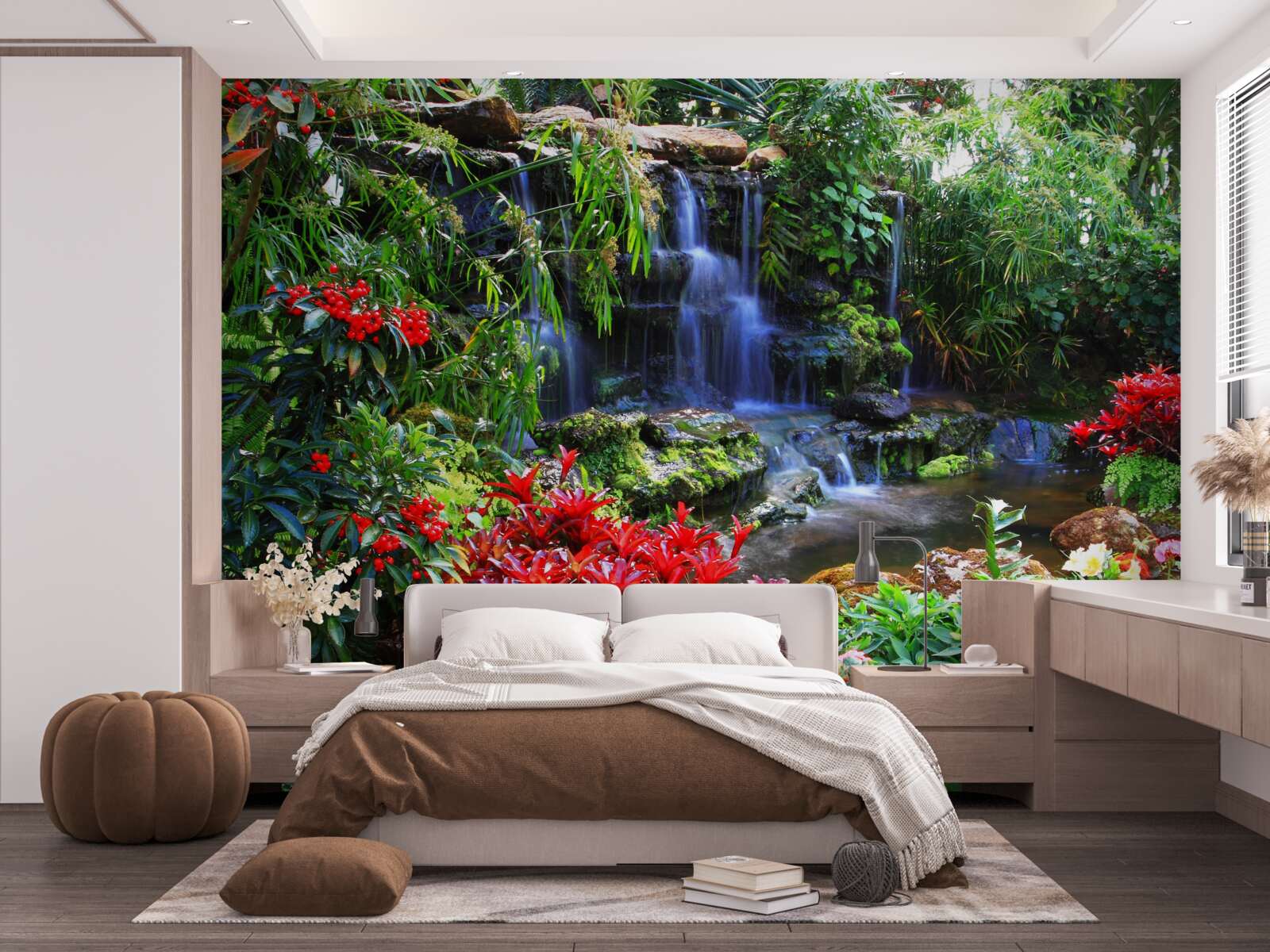 Fototapet un loc magic lângă o cascadă, înconjurat de flori