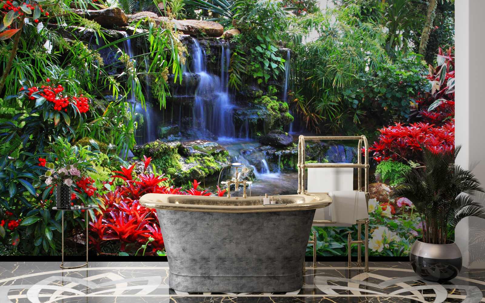 Fototapet un loc magic lângă o cascadă, înconjurat de flori