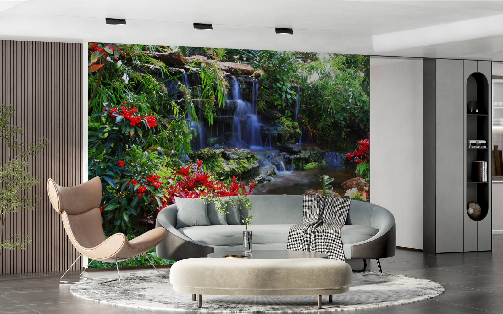 Fototapet un loc magic lângă o cascadă, înconjurat de flori