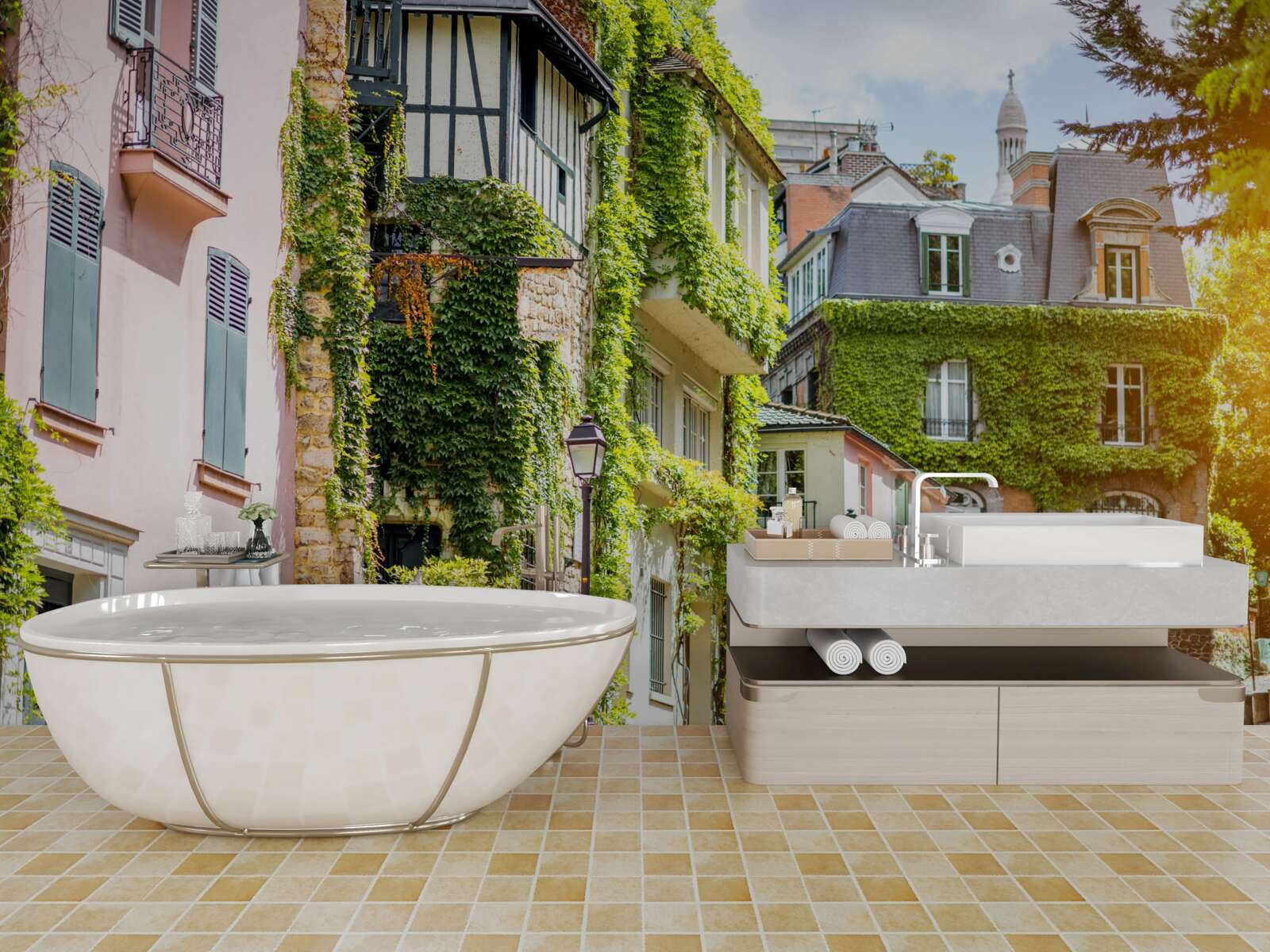 Fototapet case vechi acoperite cu plante frumoase