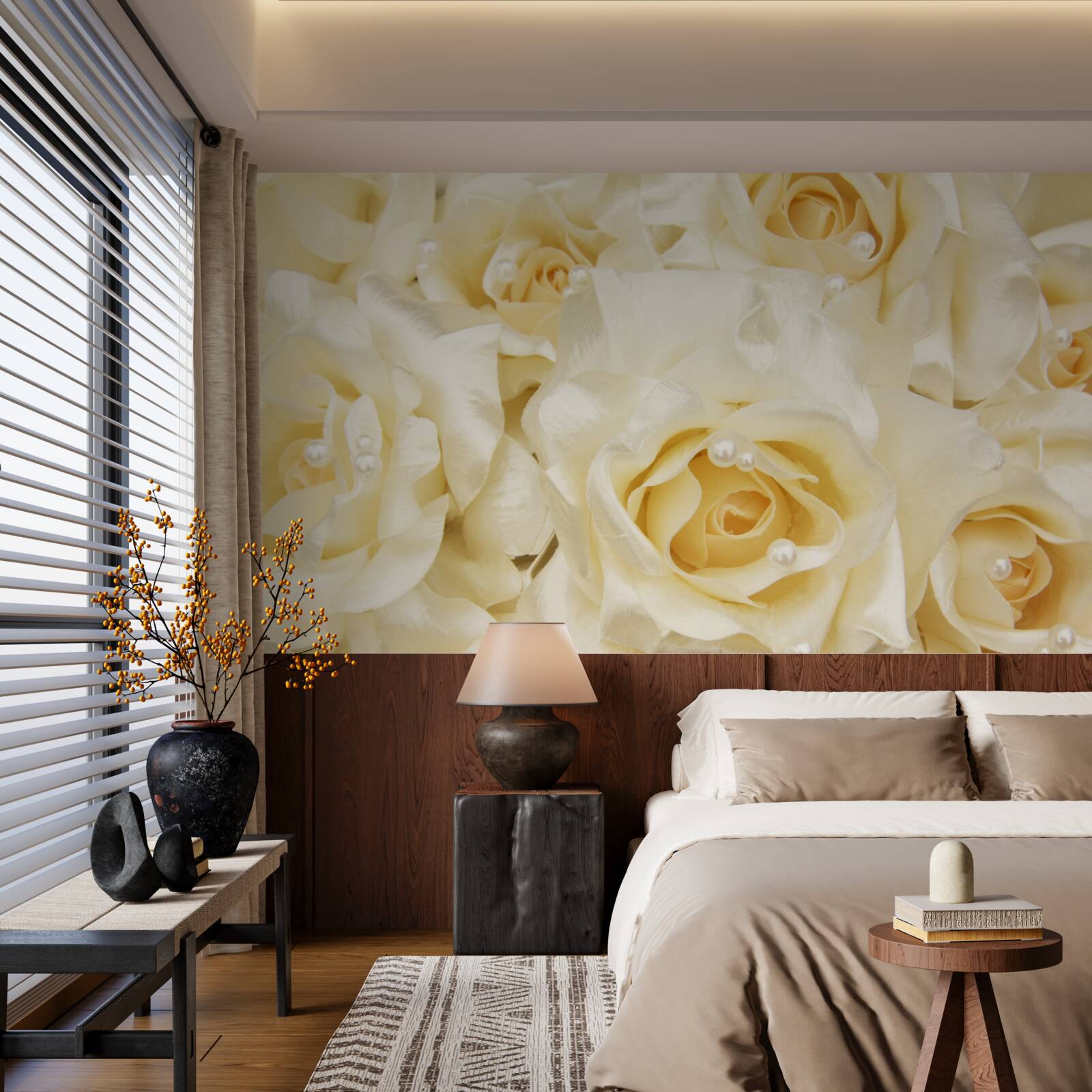 Fototapet compozitie de trandafiri cu petale albe delicate si centru galben