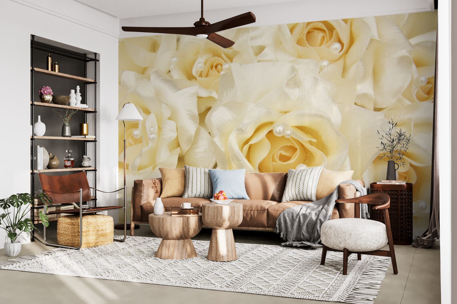 Fototapet compozitie de trandafiri cu petale albe delicate si centru galben