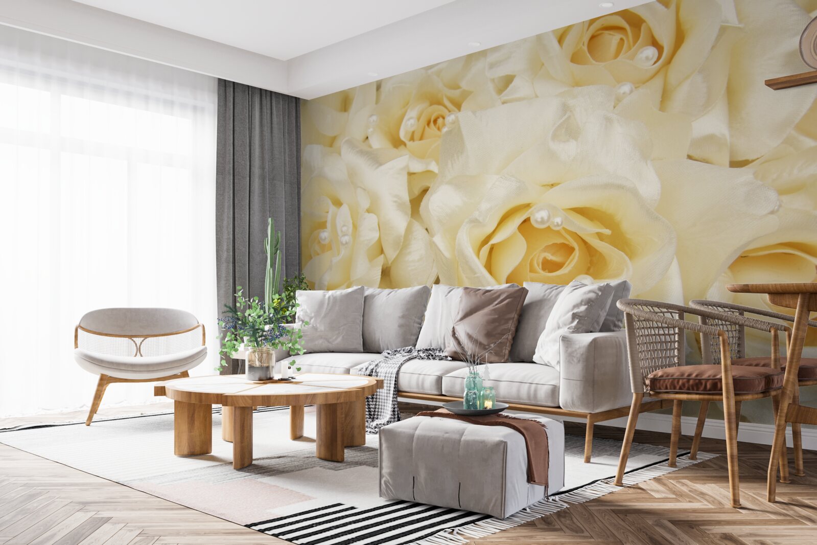 Fototapet compozitie de trandafiri cu petale albe delicate si centru galben