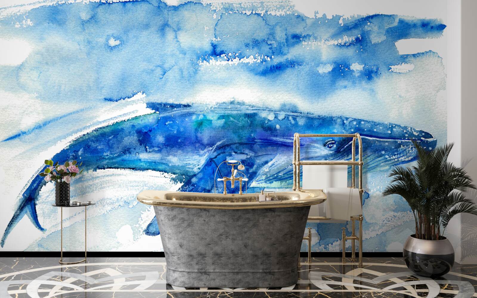 Fototapet acuarelă reprezentând o balenă albastră