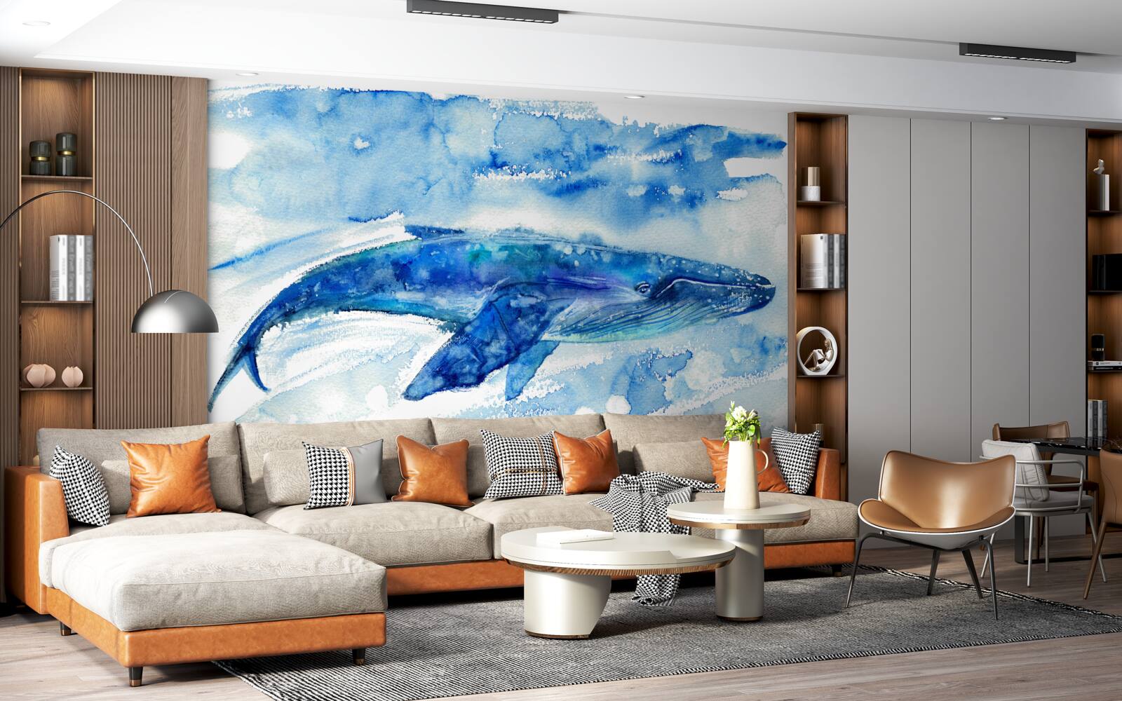 Fototapet acuarelă reprezentând o balenă albastră