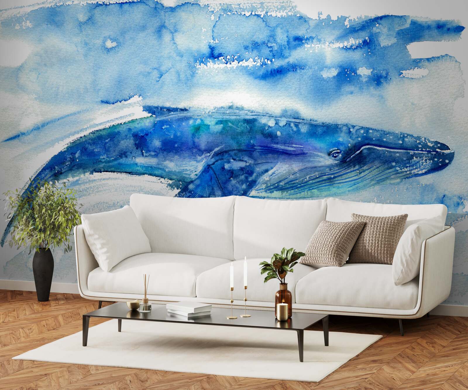Fototapet acuarelă reprezentând o balenă albastră