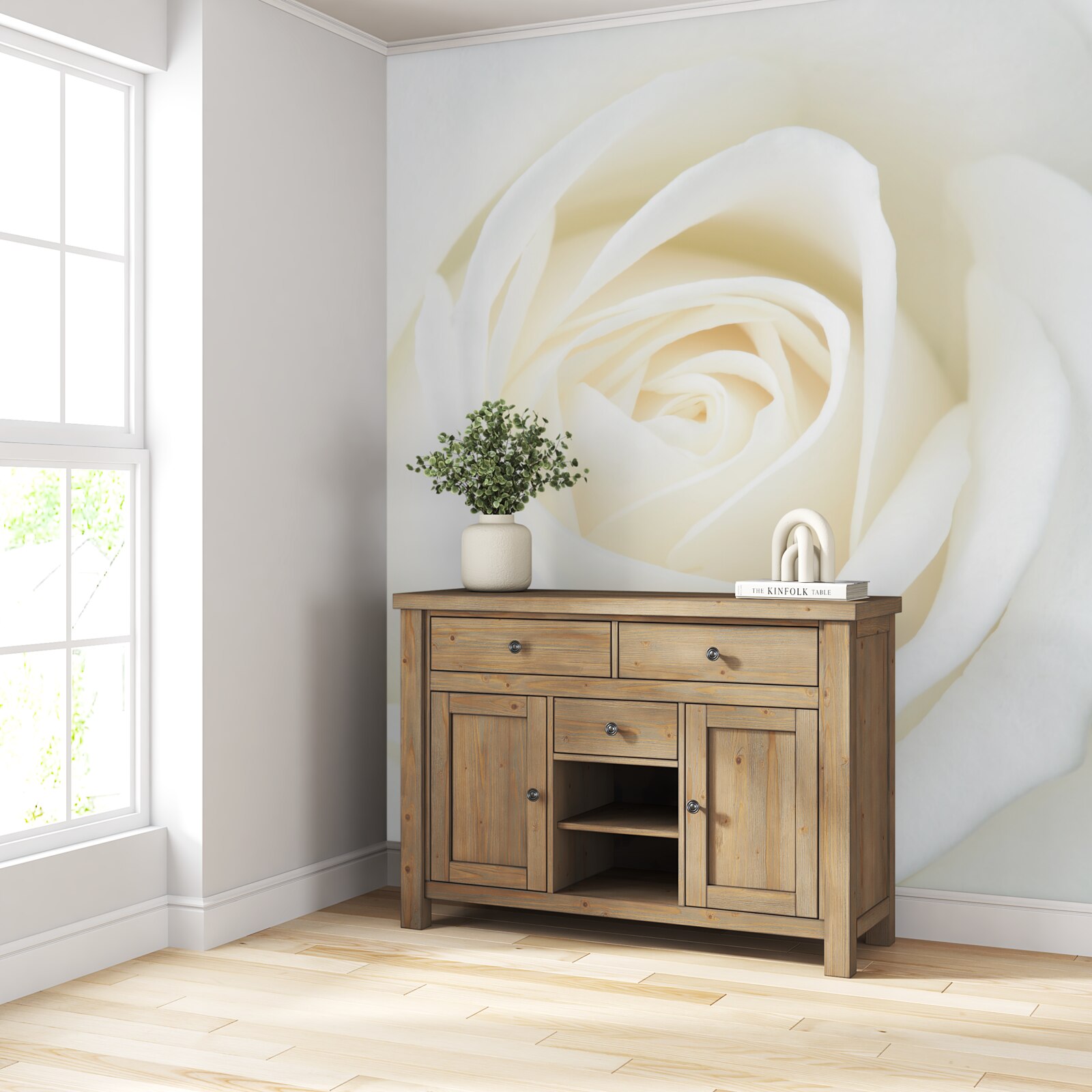 Fototapet prim-plan al unui boboc de trandafir alb ca zăpada