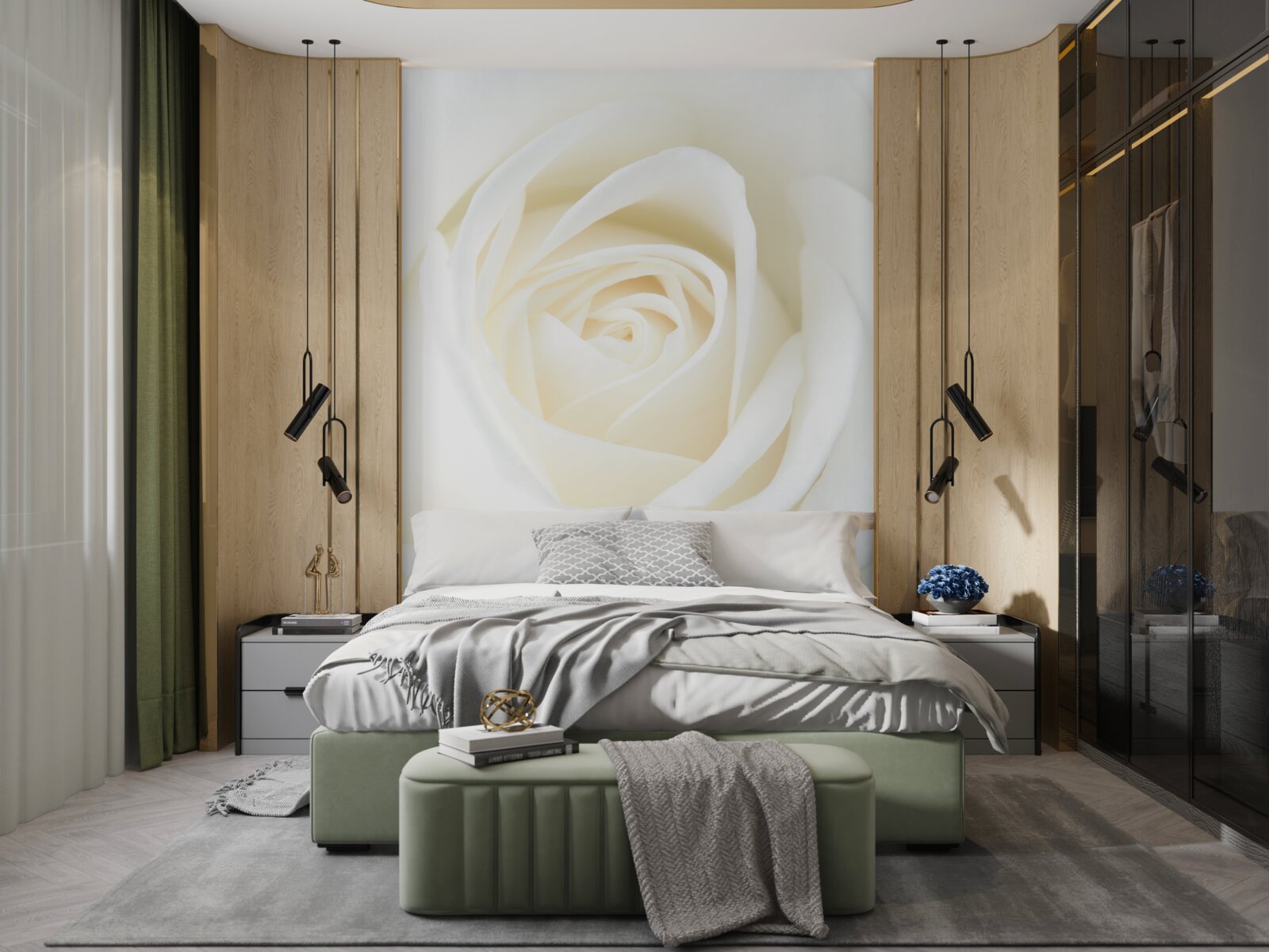 Fototapet prim-plan al unui boboc de trandafir alb ca zăpada