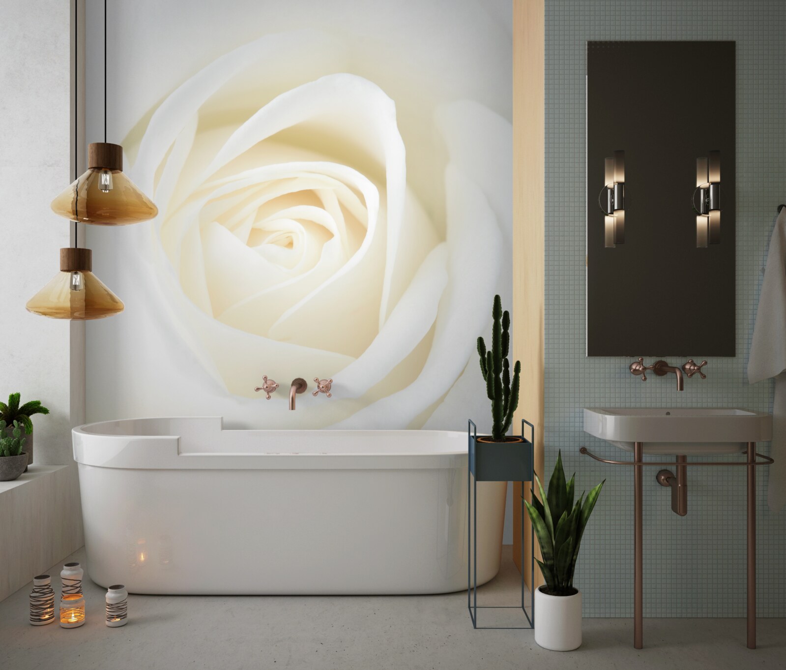 Fototapet prim-plan al unui boboc de trandafir alb ca zăpada