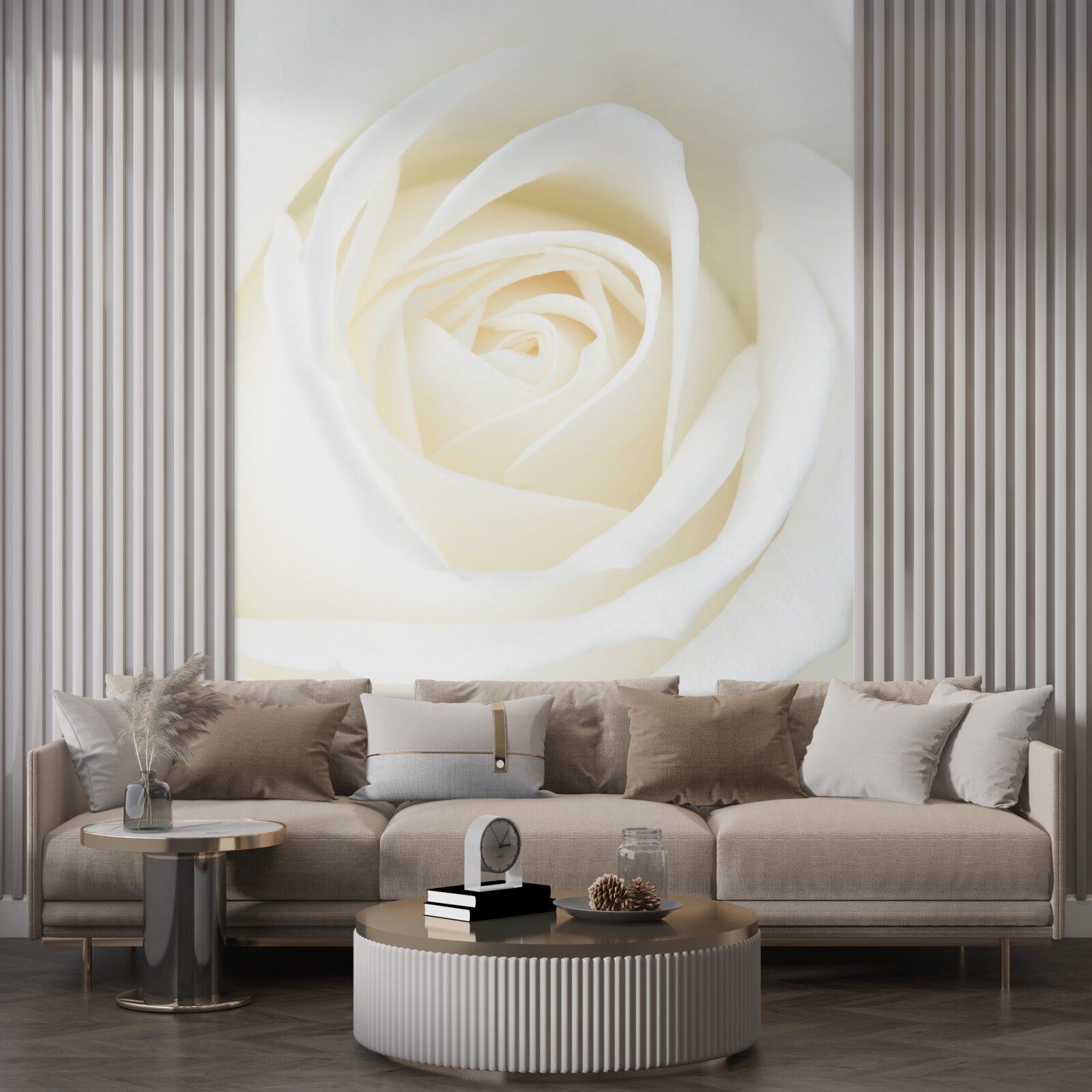 Fototapet prim-plan al unui boboc de trandafir alb ca zăpada