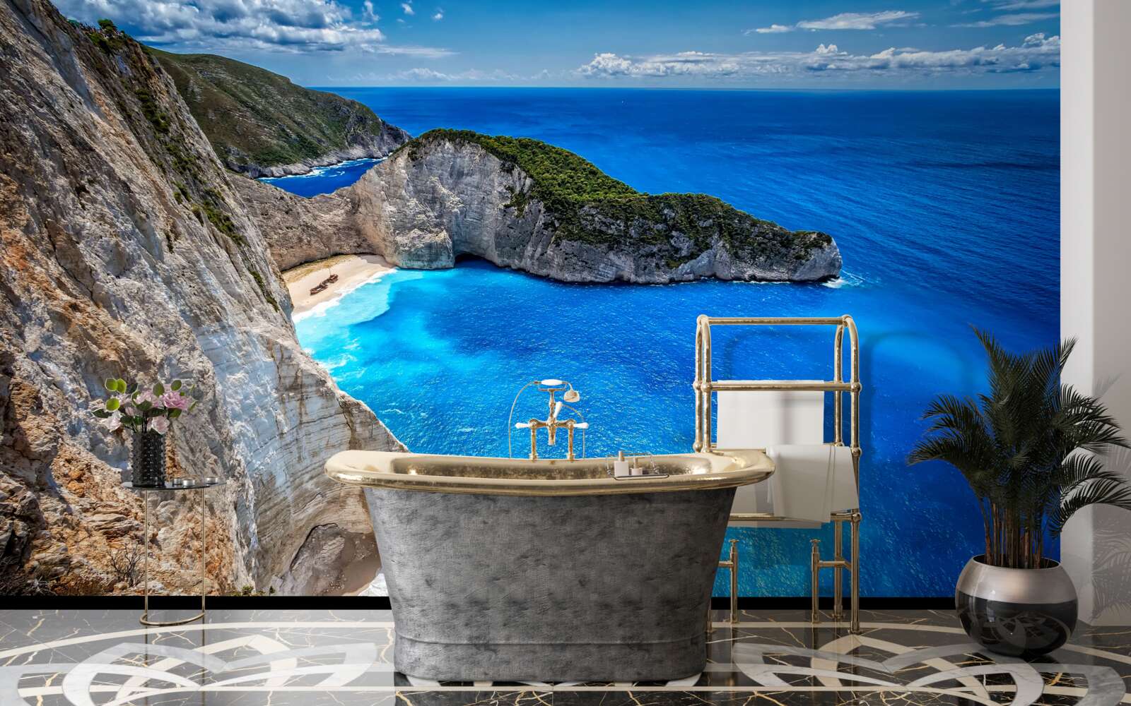 Fototapet plaje albe ca zăpada și ape turcoaz la poalele munților