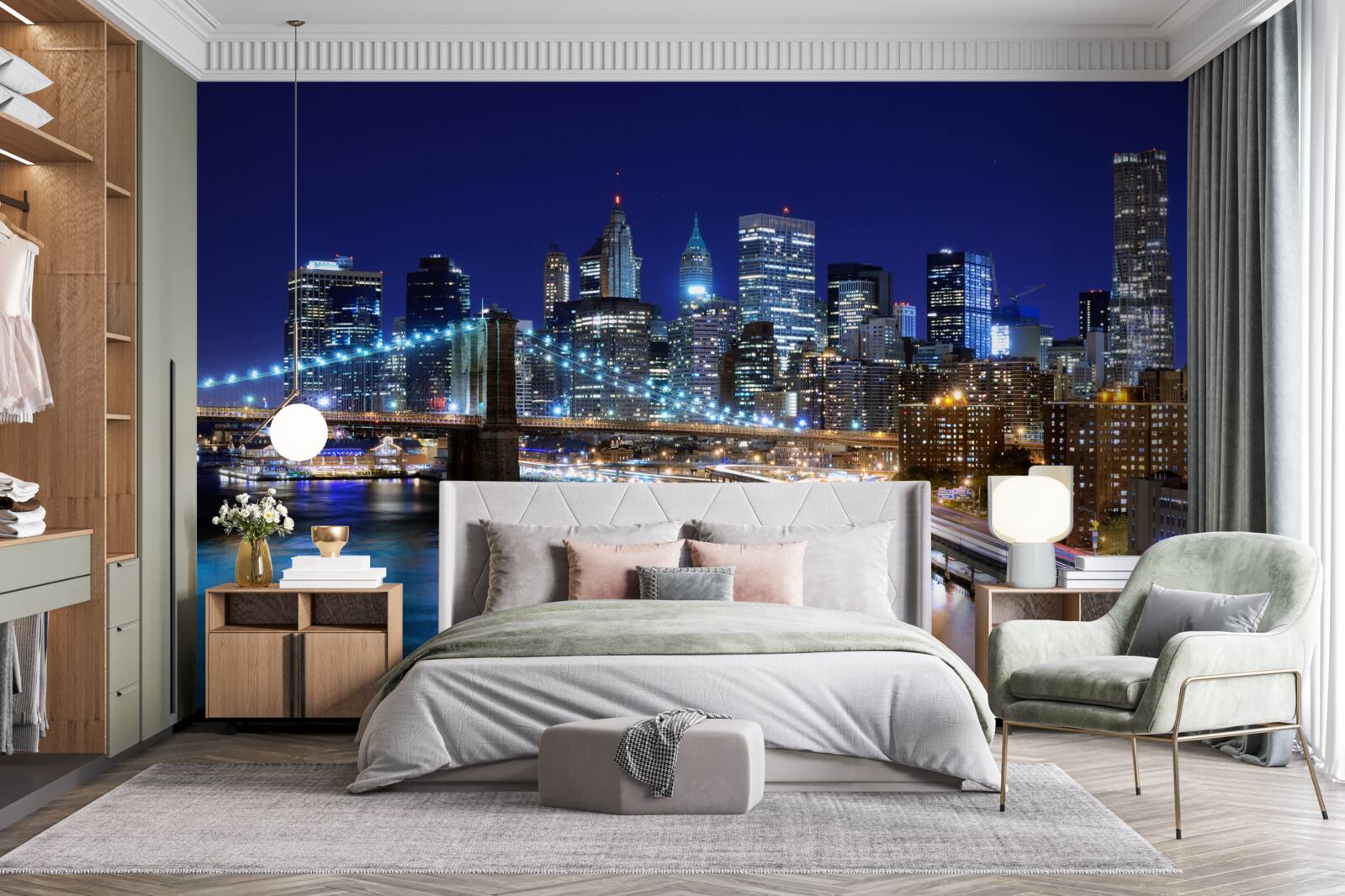 Fototapet malul mării Manhattan luminat noaptea