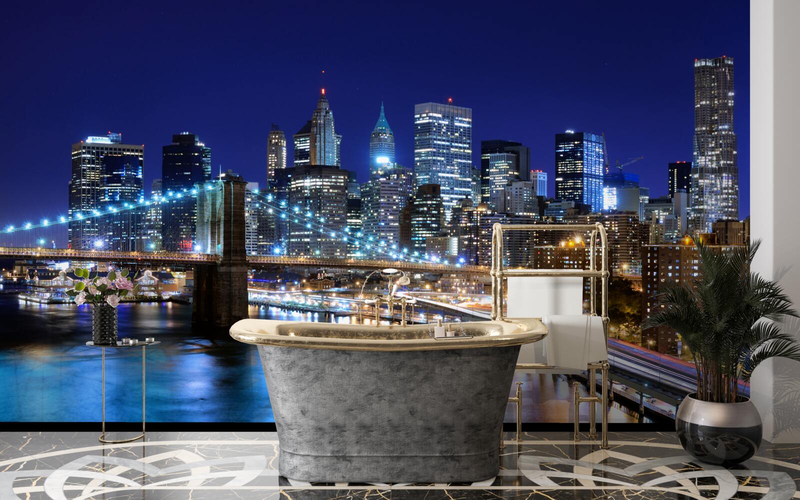 Fototapet malul mării Manhattan luminat noaptea