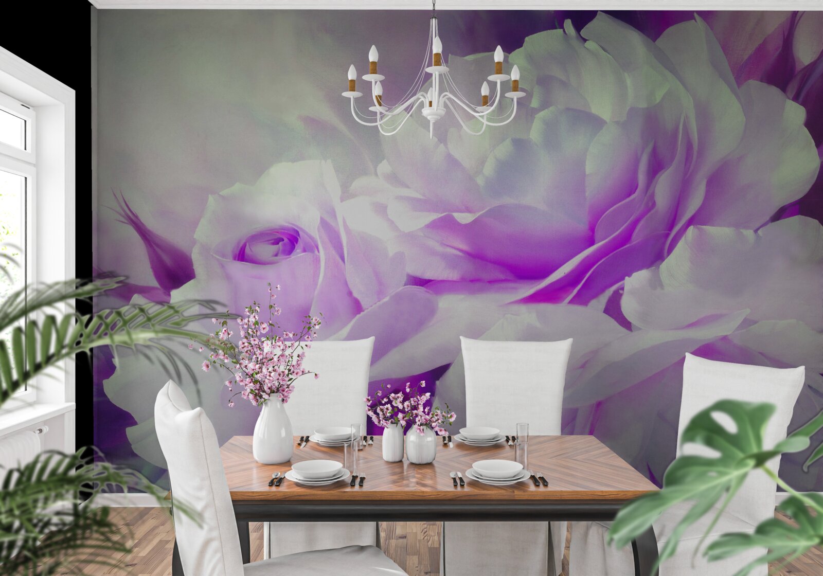 Fototapet florile sunt albe cu accente de liliac și sclipiri