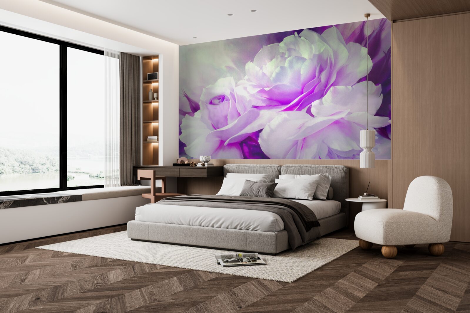 Fototapet florile sunt albe cu accente de liliac și sclipiri