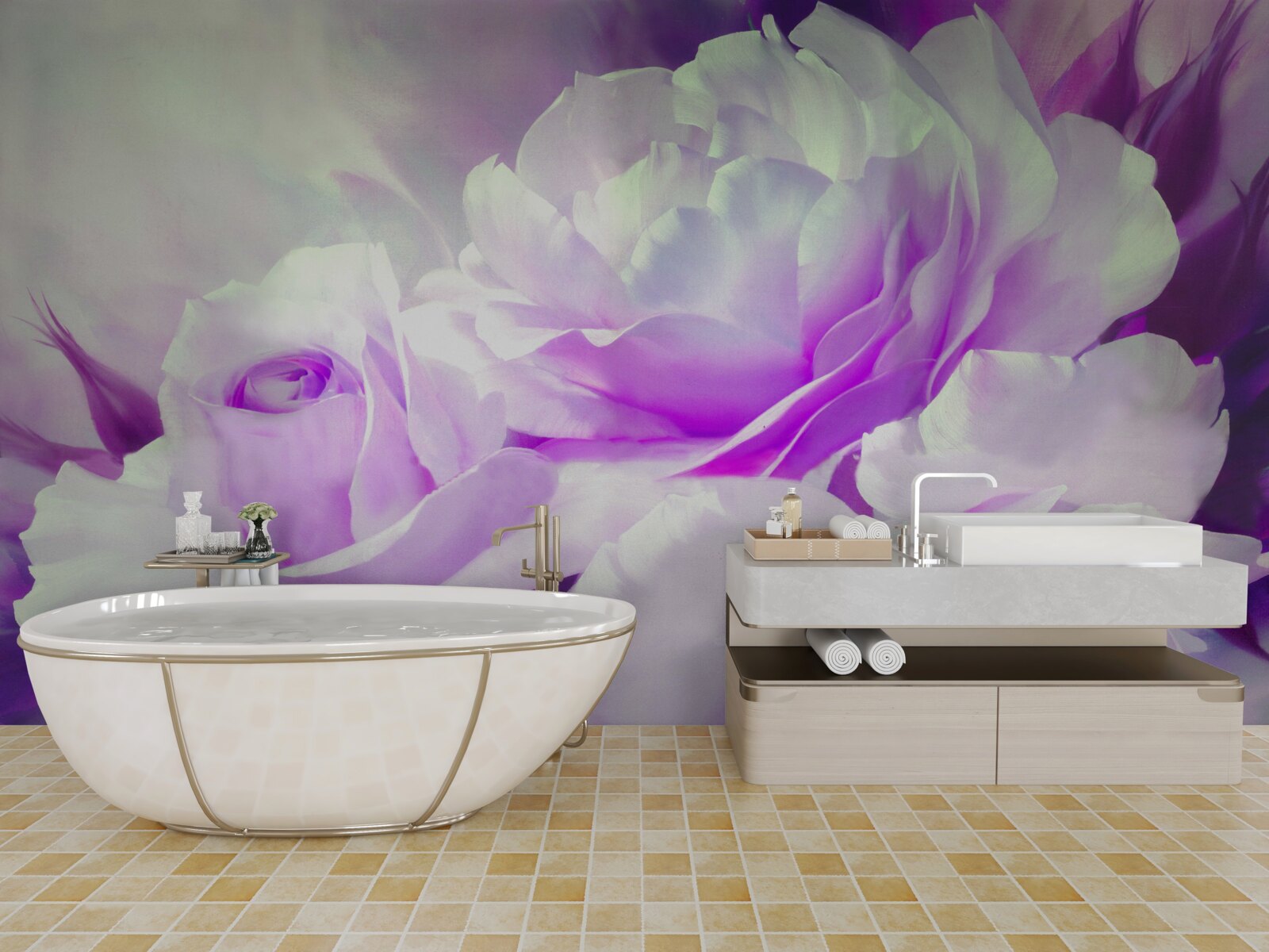 Fototapet florile sunt albe cu accente de liliac și sclipiri