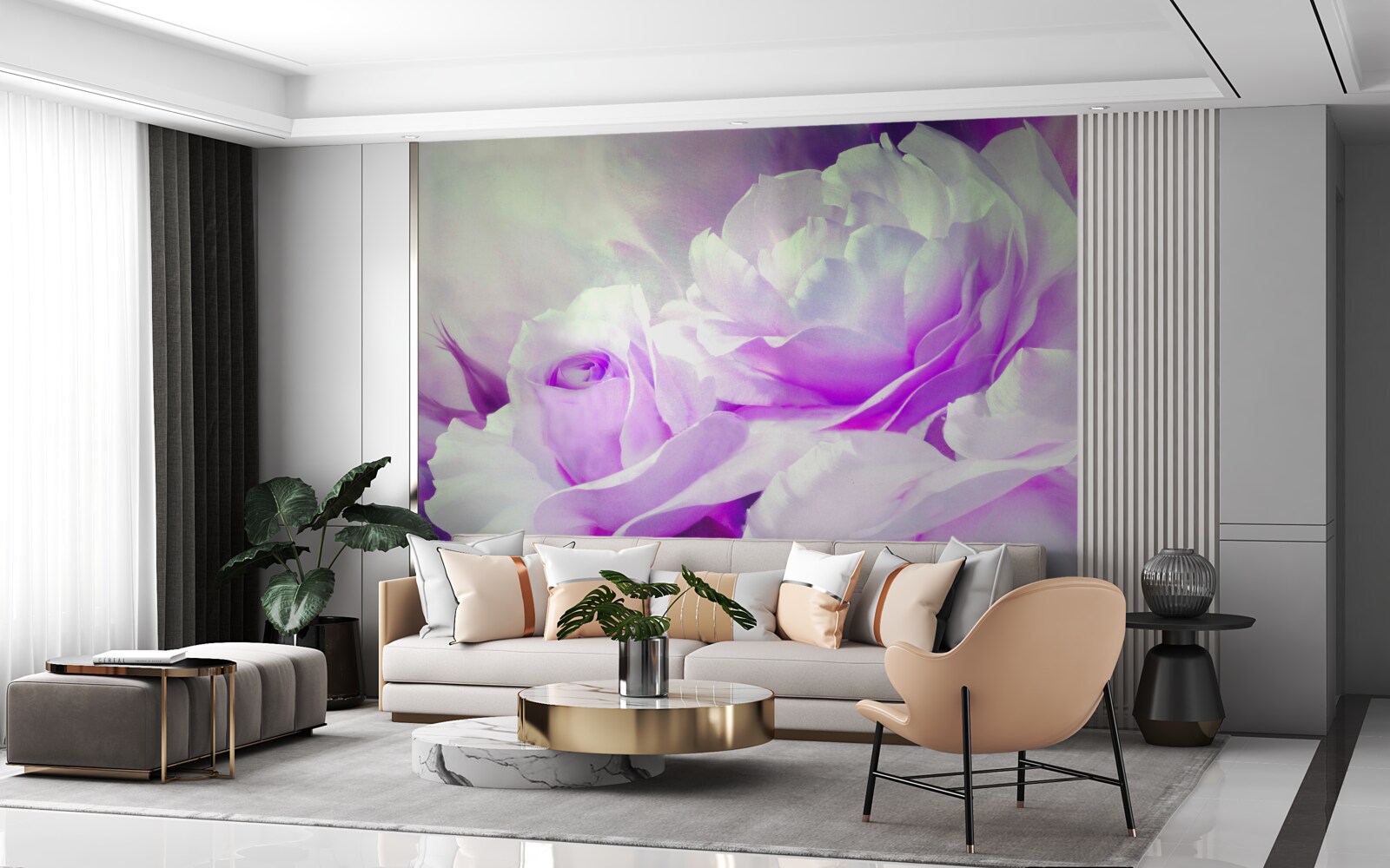 Fototapet florile sunt albe cu accente de liliac și sclipiri