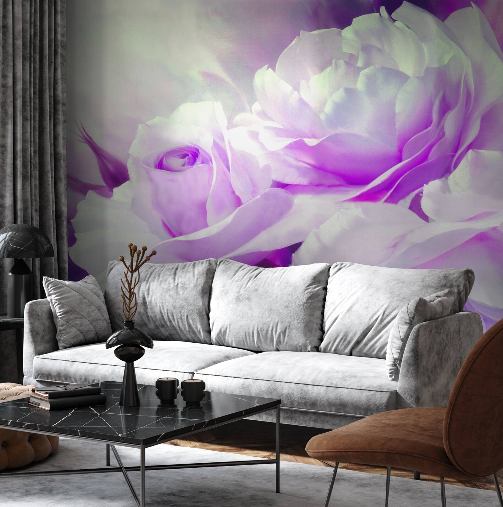 Fototapet florile sunt albe cu accente de liliac și sclipiri