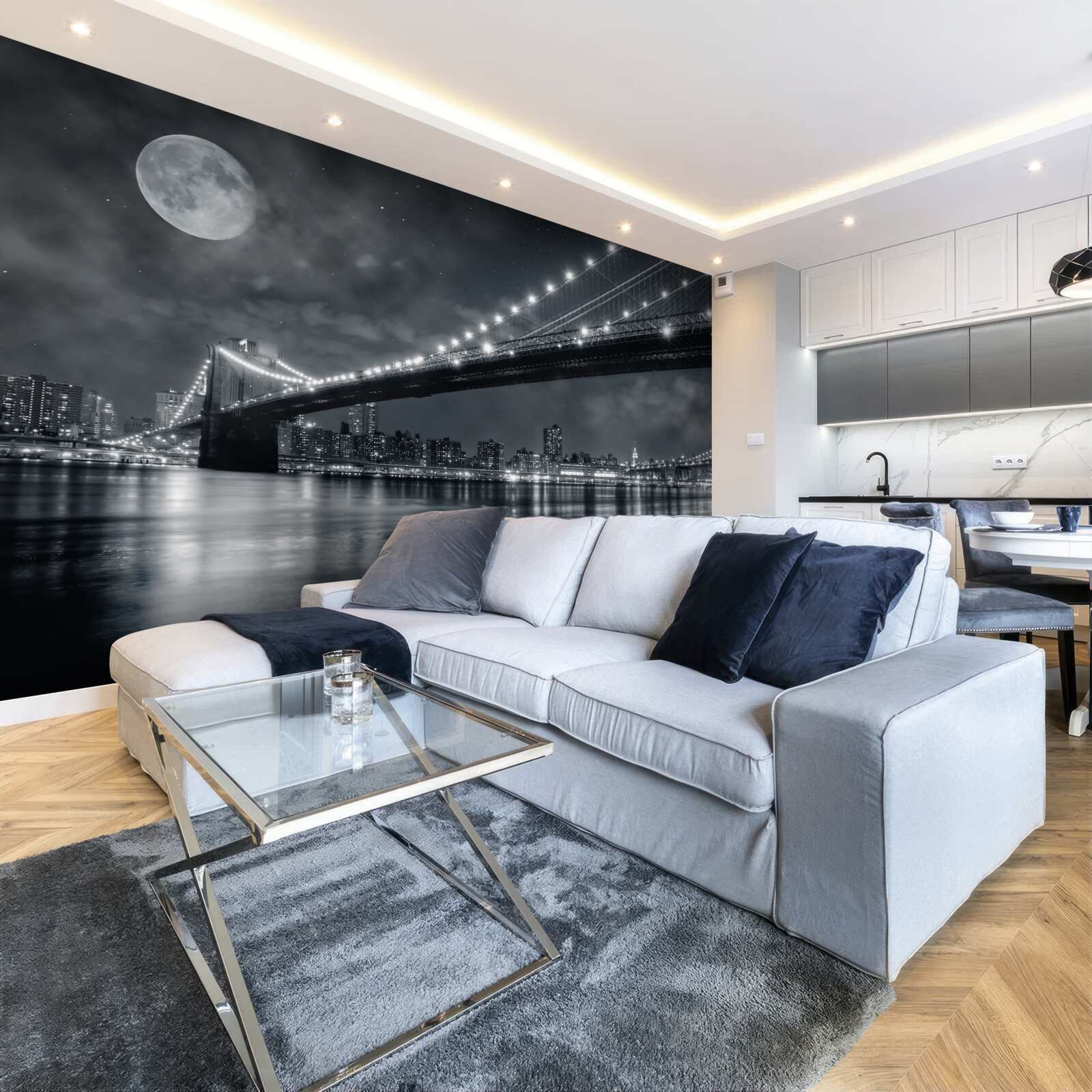 Fototapet noaptea și podul manhattan luminat