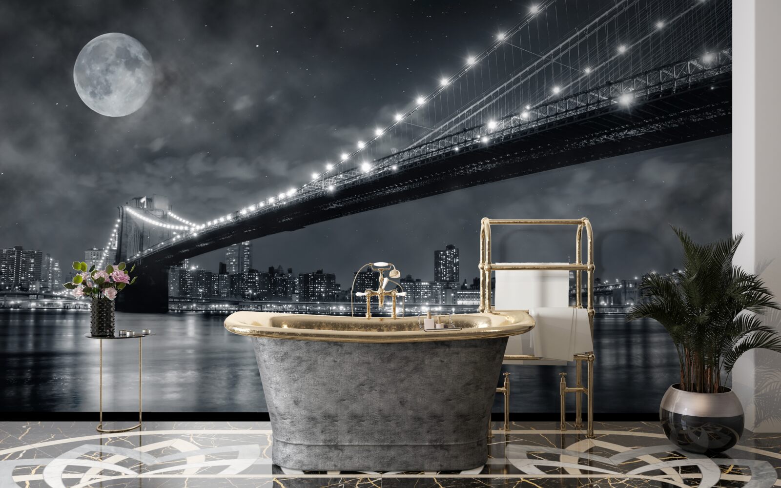 Fototapet noaptea și podul manhattan luminat