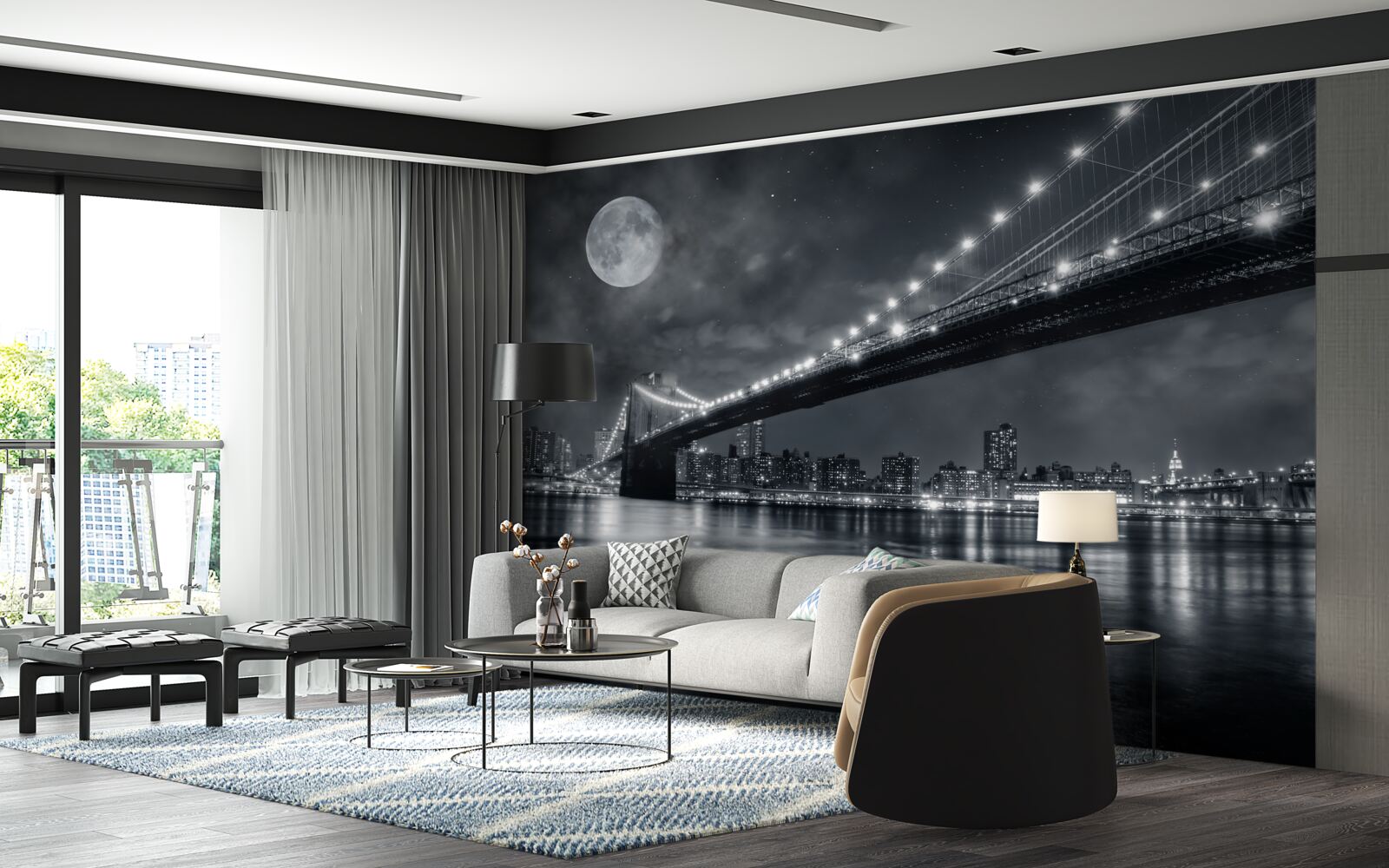 Fototapet noaptea și podul manhattan luminat