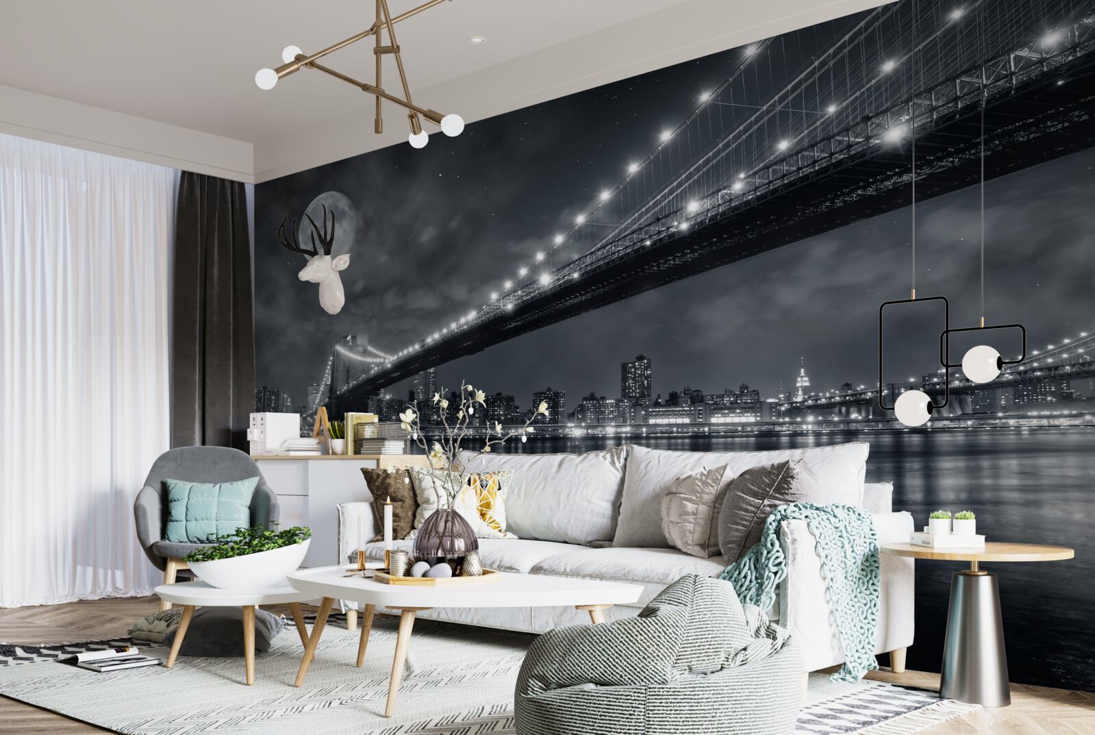 Fototapet noaptea și podul manhattan luminat