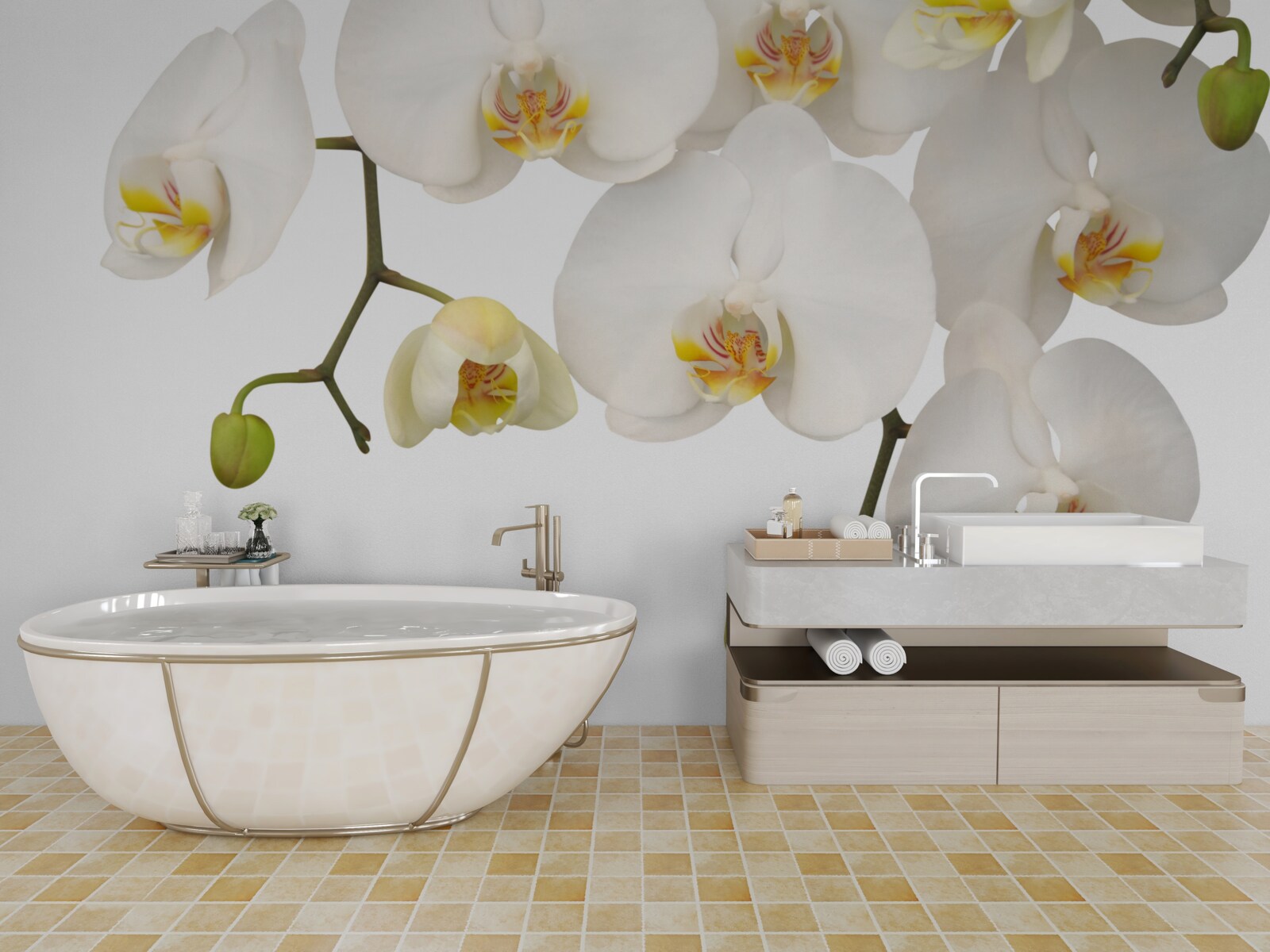 Fototapet orhidee suspendate cu flori albe