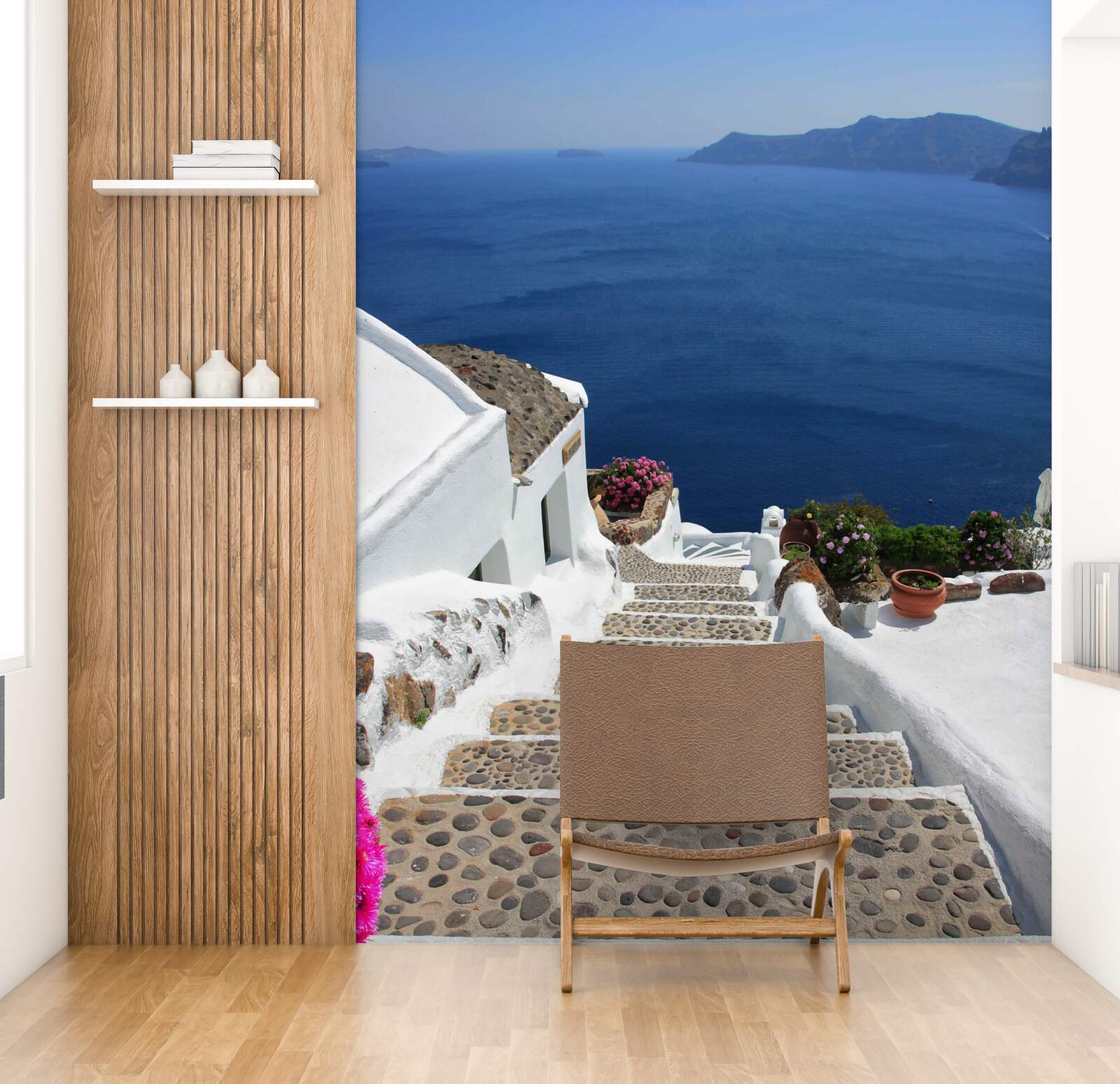 Fototapet scări care duc la mare și la promenadă în grecia