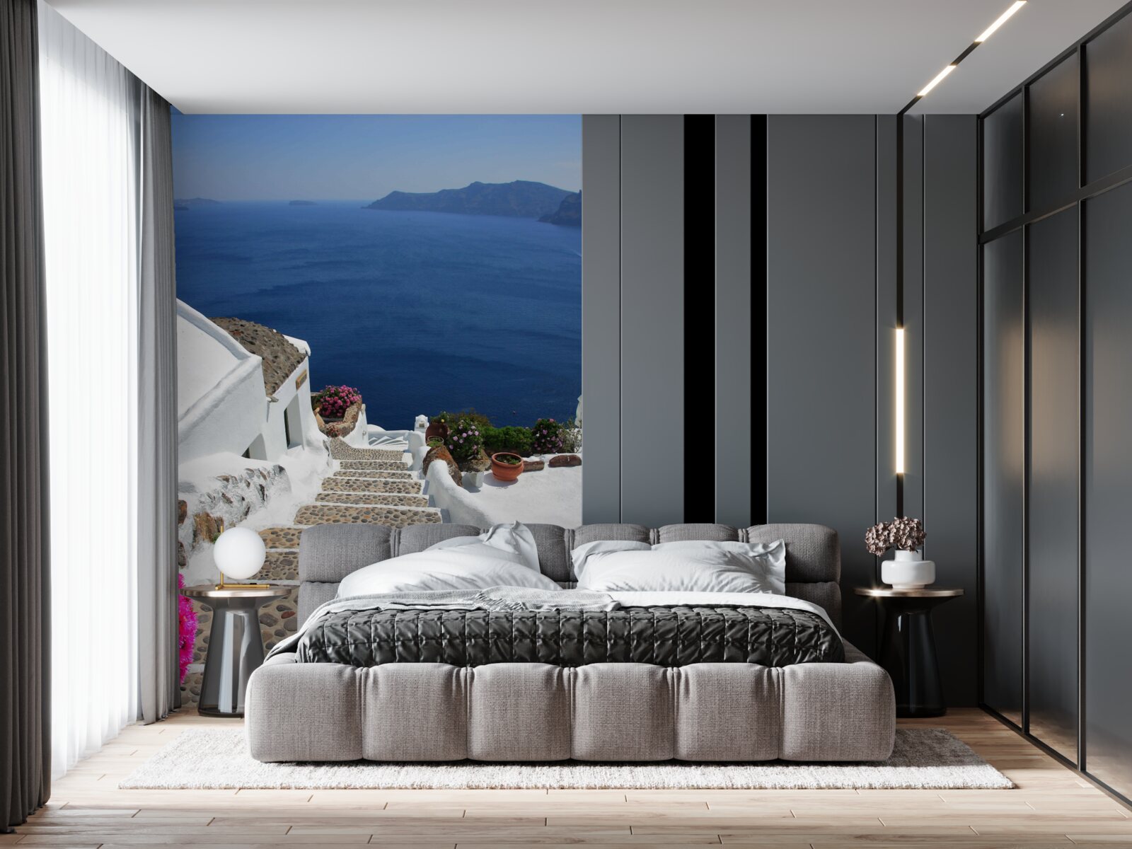 Fototapet scări care duc la mare și la promenadă în grecia