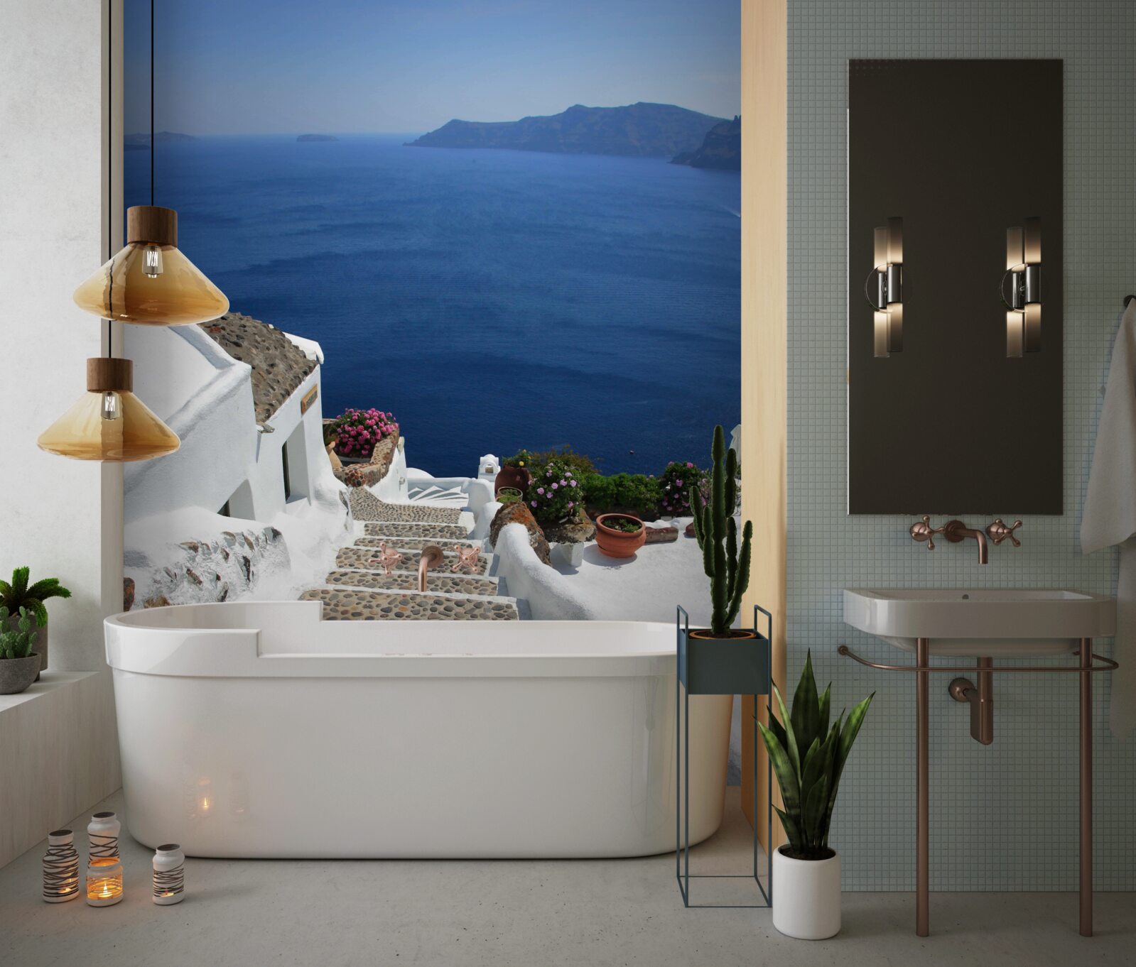 Fototapet scări care duc la mare și la promenadă în grecia