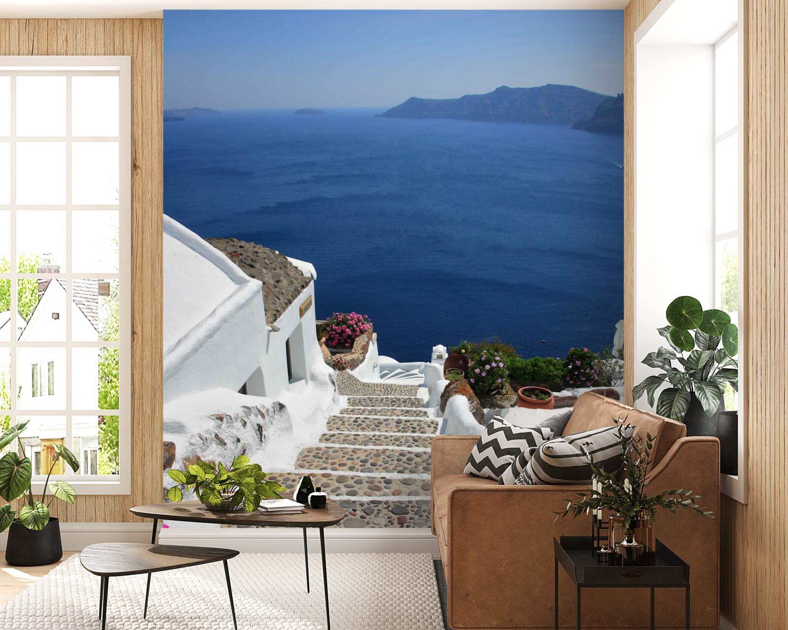 Fototapet scări care duc la mare și la promenadă în grecia