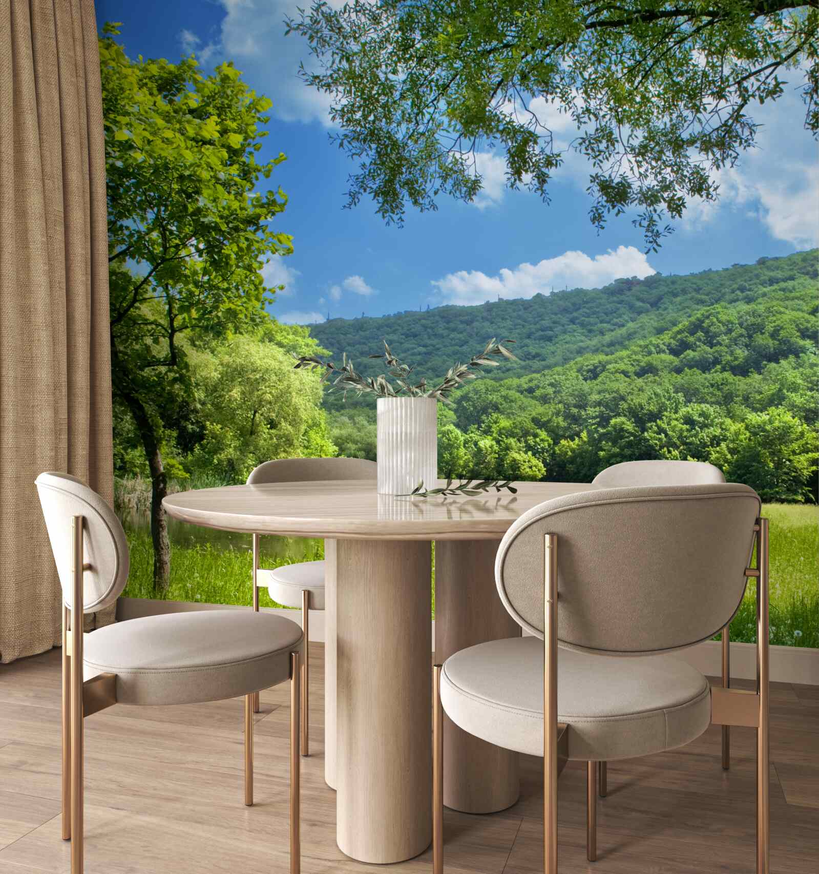 Fototapet zi însorită, luminoasă pe o poiană verde din pădure