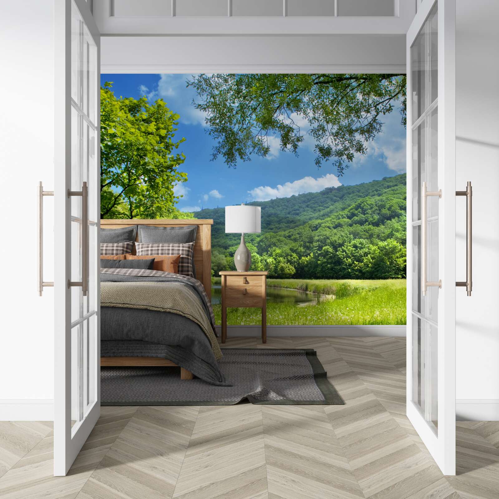 Fototapet zi însorită, luminoasă pe o poiană verde din pădure