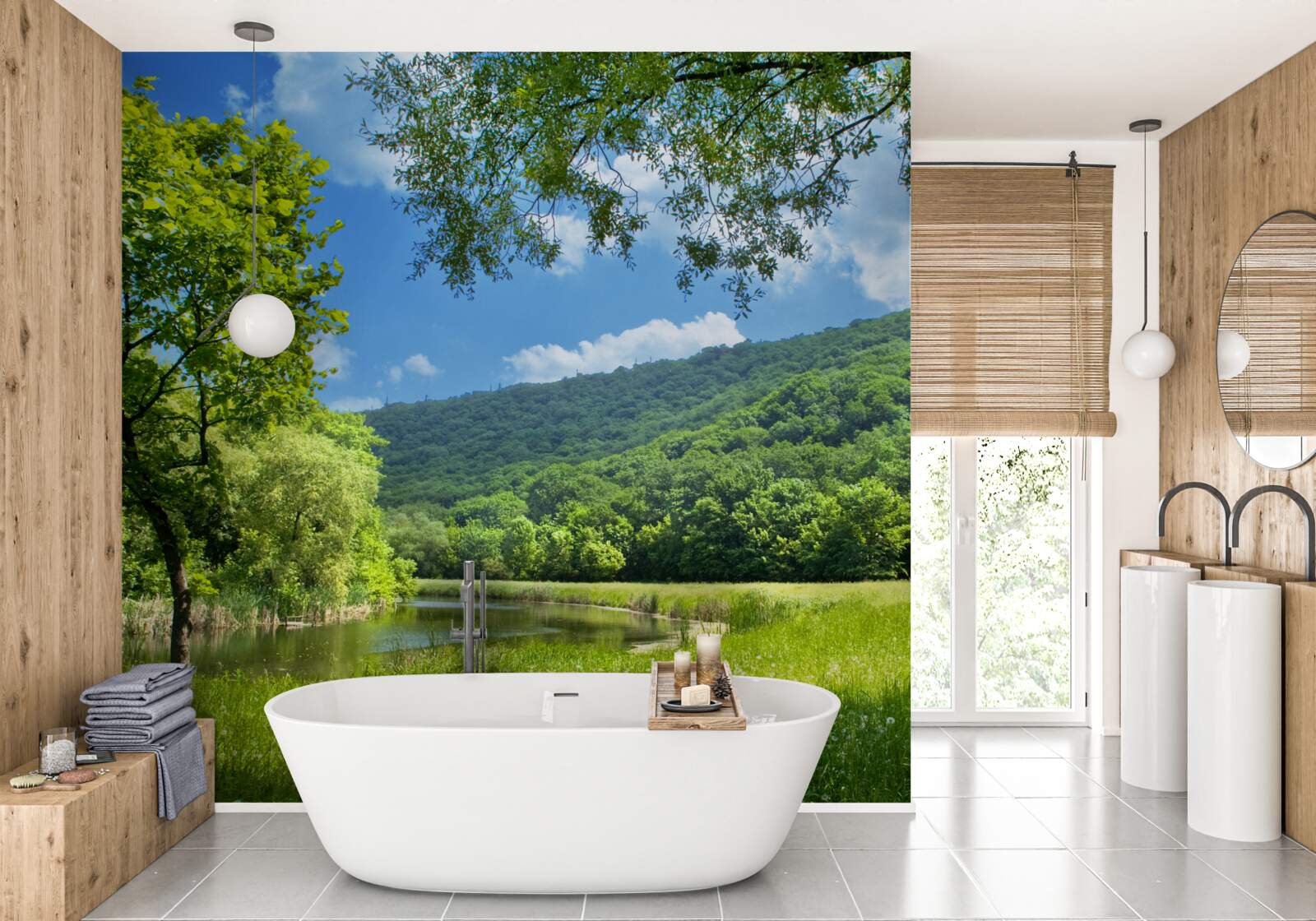 Fototapet zi însorită, luminoasă pe o poiană verde din pădure