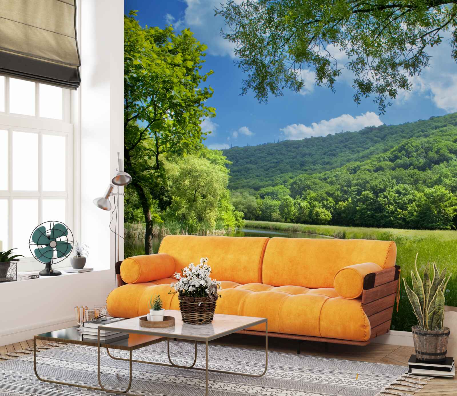 Fototapet zi însorită, luminoasă pe o poiană verde din pădure