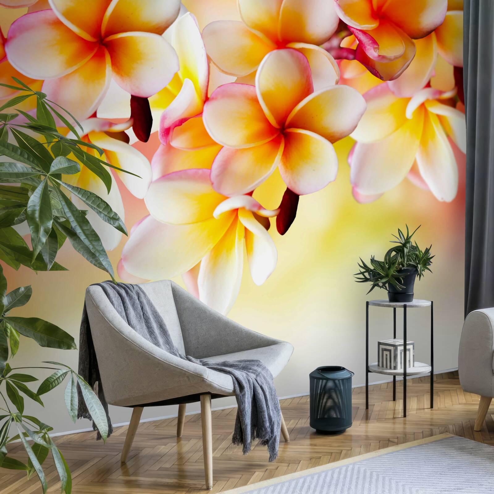 Fototapet flori albe și portocalii atârnă deasupra suprafeței apei