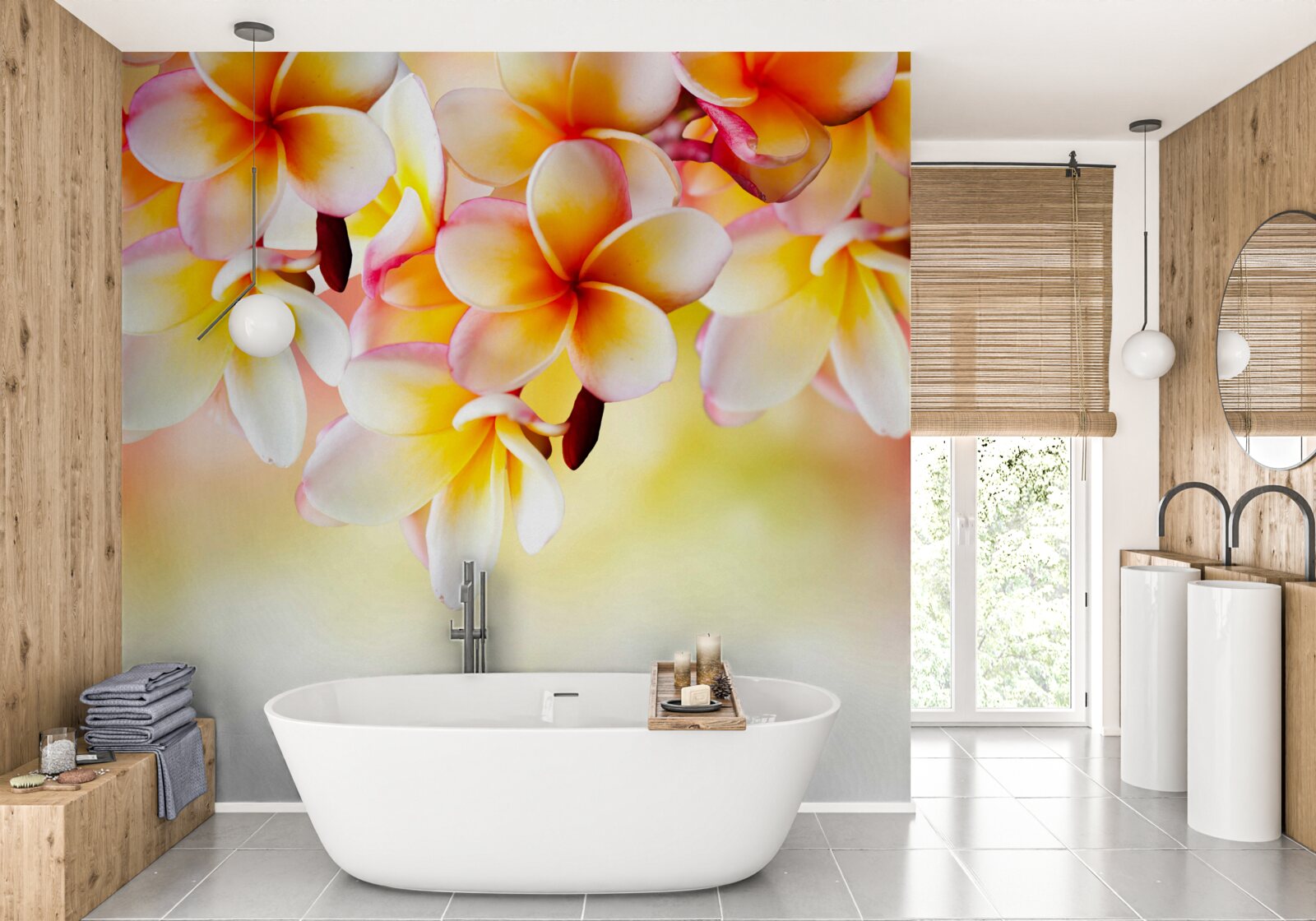 Fototapet flori albe și portocalii atârnă deasupra suprafeței apei