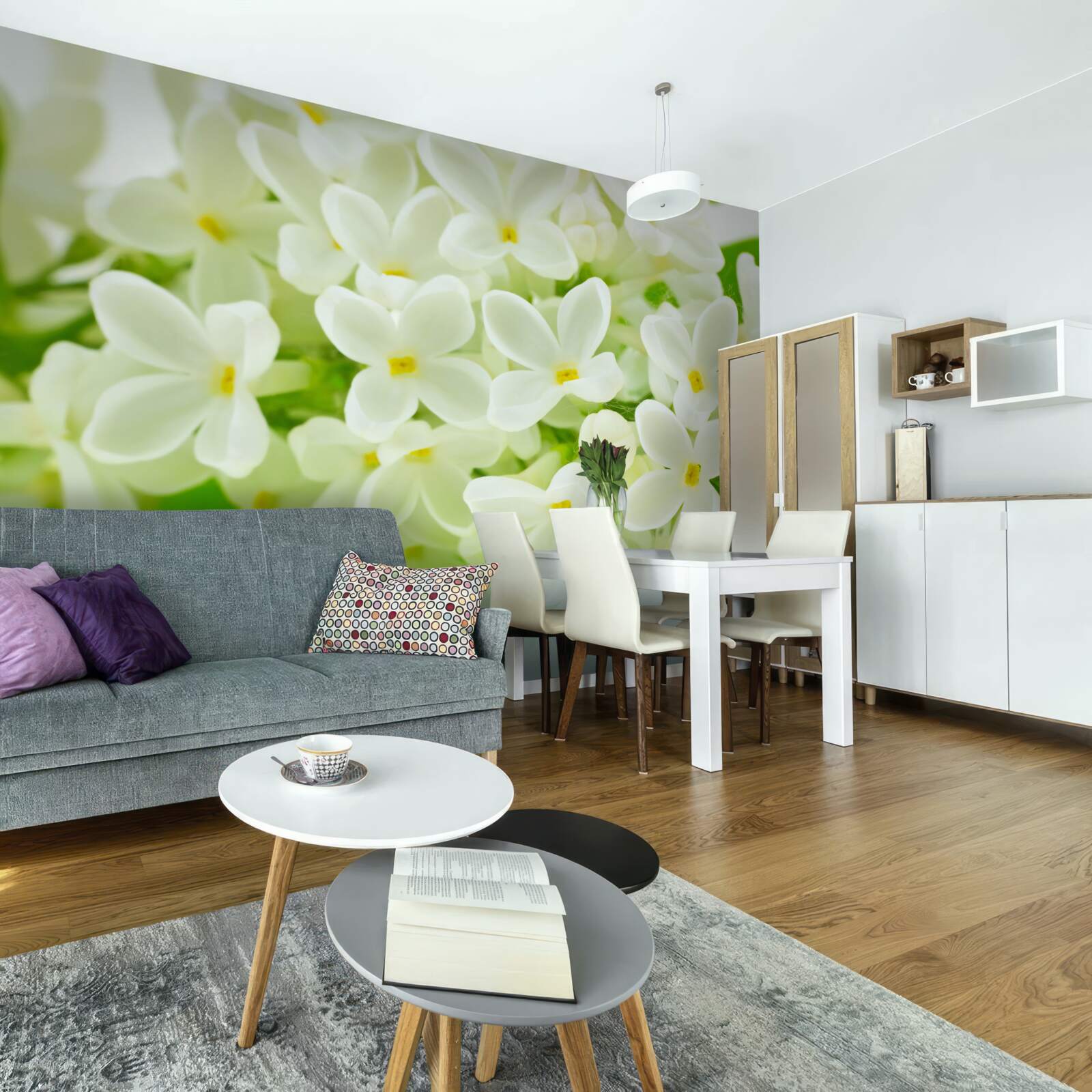 Fototapet flori albe ca zăpada care acoperă abundent copacul