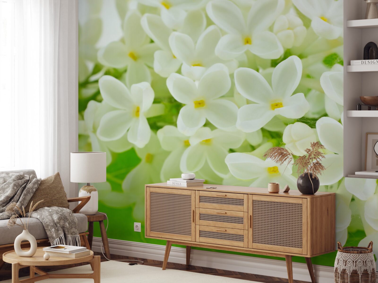 Fototapet flori albe ca zăpada care acoperă abundent copacul