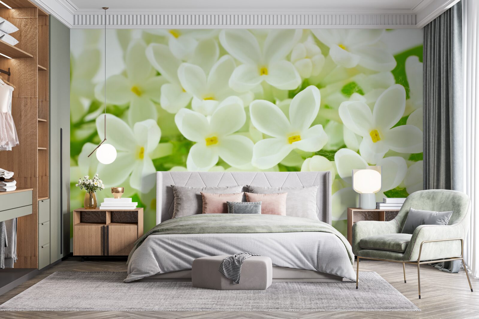 Fototapet flori albe ca zăpada care acoperă abundent copacul