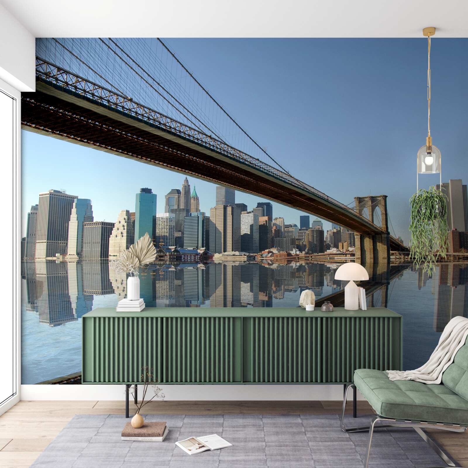 Fototapet un pod care traversează un râu și conduce la un oraș mare